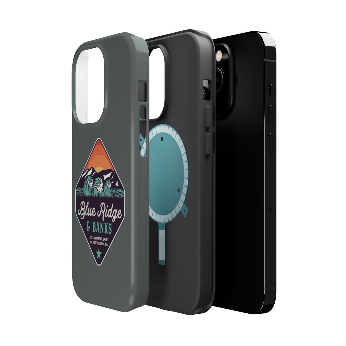 "Blue Ridge & Banks - Magnetic Tough Case for iPhone 16: A sleek and durable phone case featuring a North Carolina-inspired design. Showcasing the majestic peaks and lush greenery of the Blue Ridge Mountains, this case combines rugged protection with a touch of nature's beauty. Perfect for outdoor enthusiasts and nature lovers looking to safeguard their device with style."