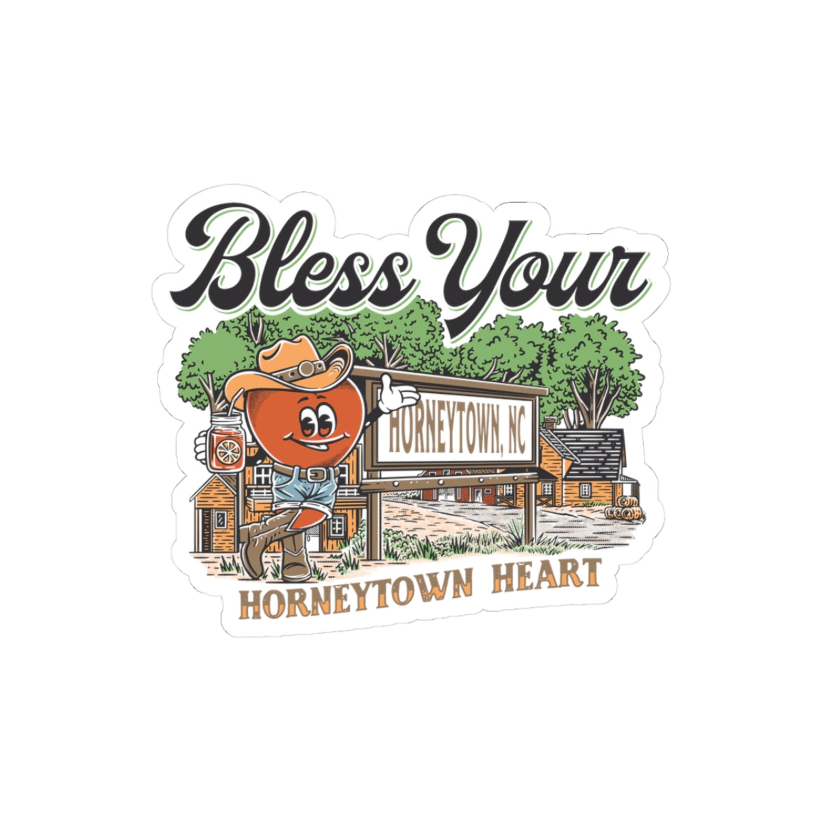 "Vibrant 'Bless Your Horneytown Heart Sticker – Kiss-Cut North Carolina Humor Vinyl' in 2x2 inches. Features a playful, heartwarming phrase with a North Carolina twist, perfect for adding a touch of Southern charm to your belongings. The design showcases elements inspired by the state's natural beauty, making it a unique and eye-catching addition to any collection."