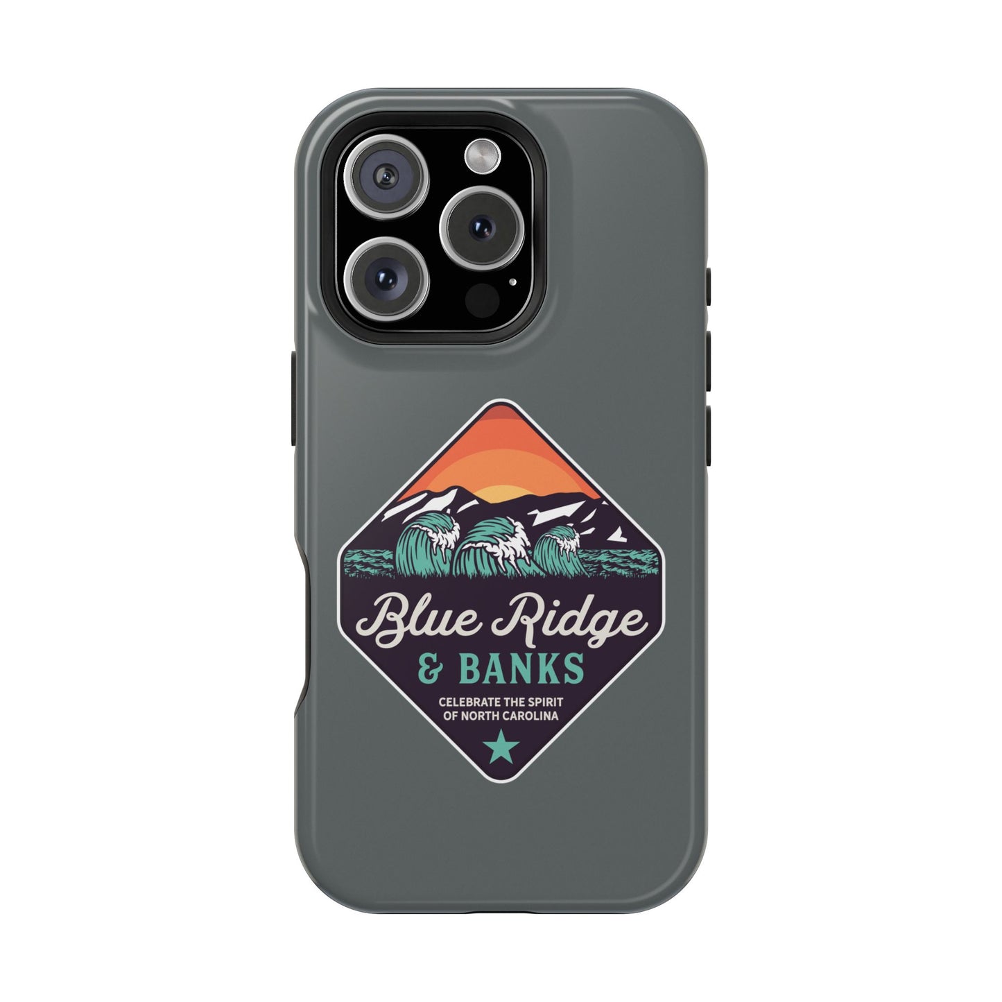 "Blue Ridge & Banks Magnetic Tough Case for iPhone 16 - Showcasing a nature-inspired design, this rugged yet stylish phone case features elements reminiscent of the serene Blue Ridge Mountains in North Carolina. The durable magnetic construction provides superior protection, while the intricate design captures the essence of North Carolina's breathtaking landscapes, making it perfect for nature enthusiasts and adventure seekers alike."