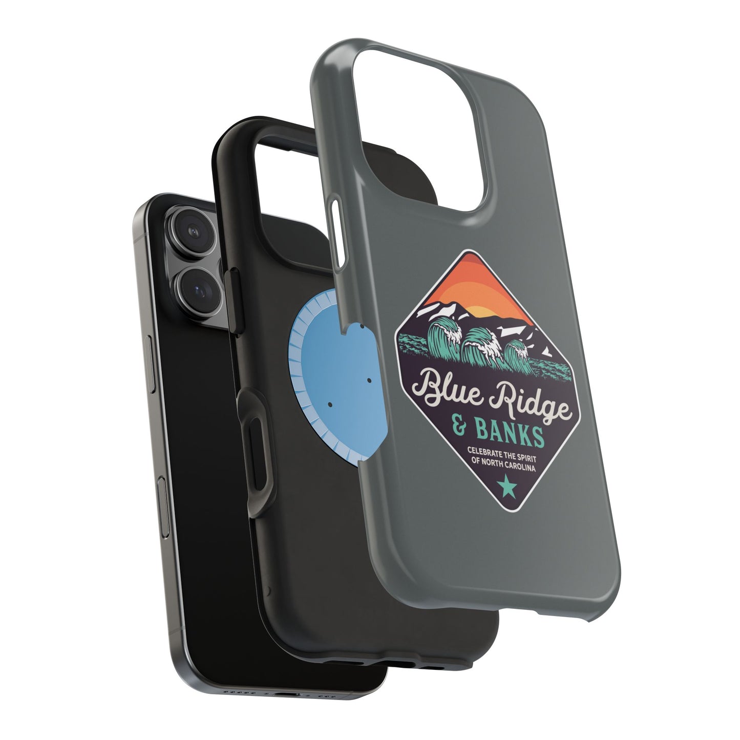 "Blue Ridge & Banks - Magnetic Tough Case for iPhone 16 featuring a nature-inspired design with elements reminiscent of North Carolina's scenic Blue Ridge Mountains. This durable case showcases a blend of rugged protection and stylish aesthetics, perfect for outdoor enthusiasts and nature lovers. The intricate design captures the essence of the region's natural beauty, making it a must-have accessory for your iPhone 16."