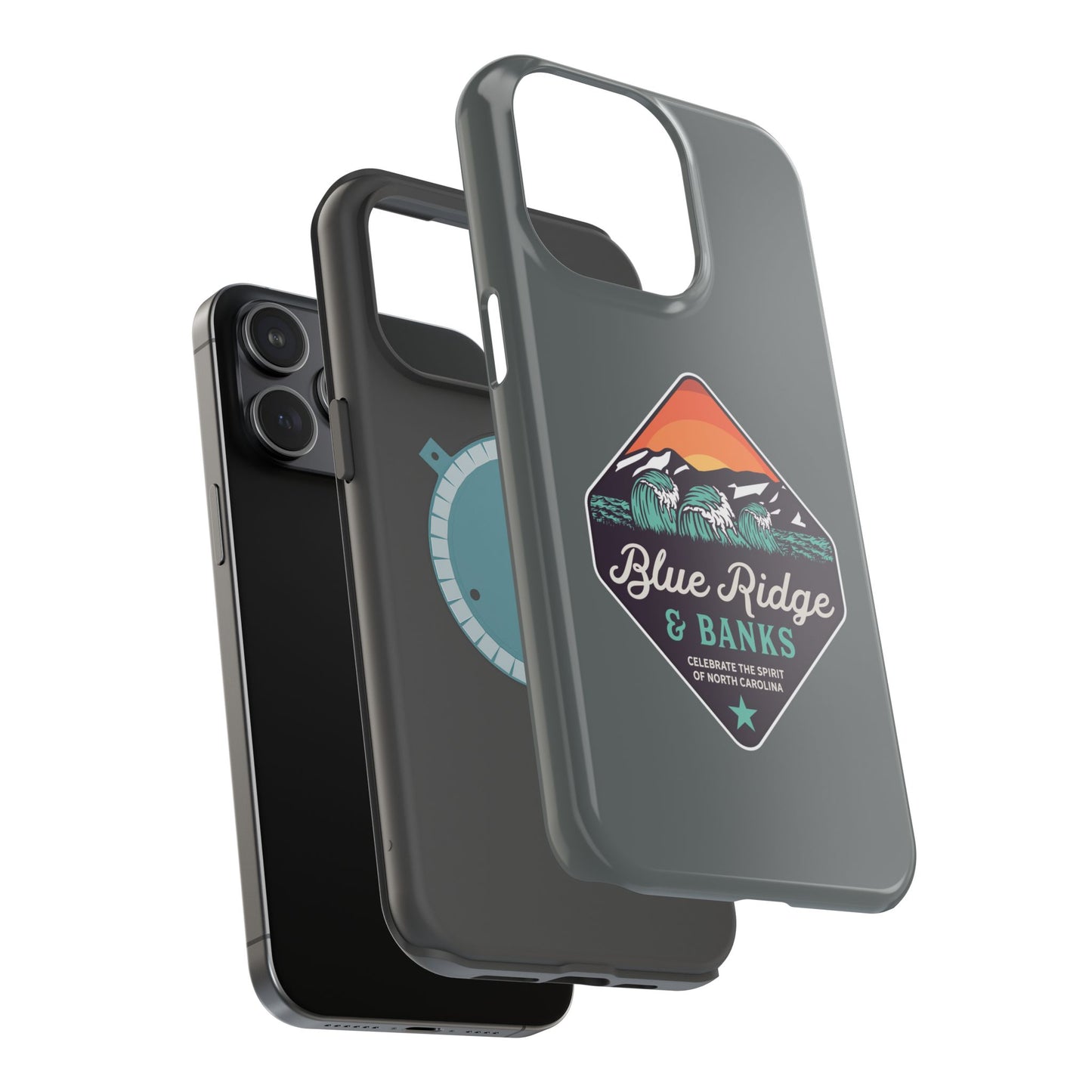 "Blue Ridge & Banks Magnetic Tough Case for iPhone 16 featuring a North Carolina-inspired design with nature elements, showcasing a durable and stylish protective cover. Perfect for outdoor enthusiasts, this case combines functionality with a scenic aesthetic, highlighting the beauty of the Blue Ridge Mountains."