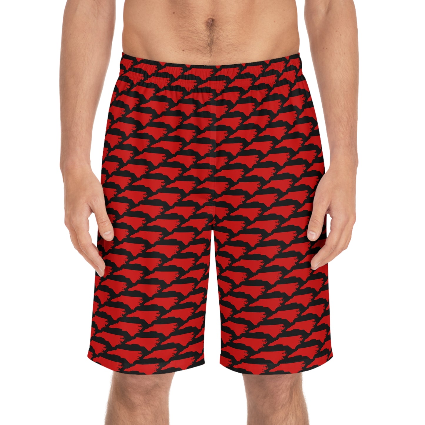 North Carolina State Pattern Board Shorts – Men’s Swim Trunks (Red on Black)