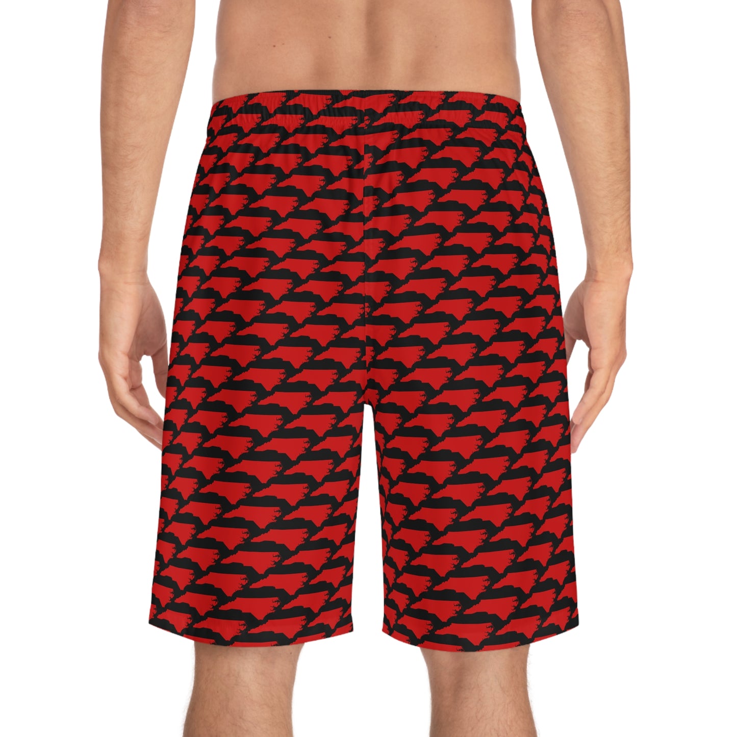 North Carolina State Pattern Board Shorts – Men’s Swim Trunks (Red on Black)