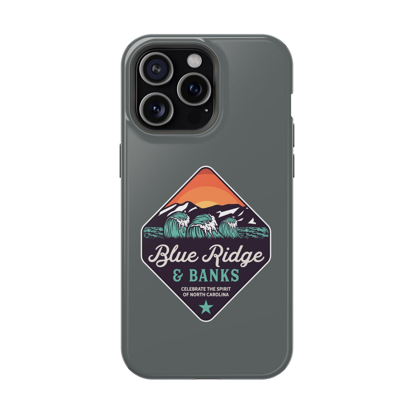 "Blue Ridge & Banks Magnetic Tough Case shirt for iPhone 16, featuring a North Carolina-inspired nature design with durable protection. Elegant blue hues reminiscent of the scenic Blue Ridge Mountains, offering both style and resilience. Perfect for outdoor enthusiasts and tech lovers seeking a blend of functionality and aesthetic appeal."