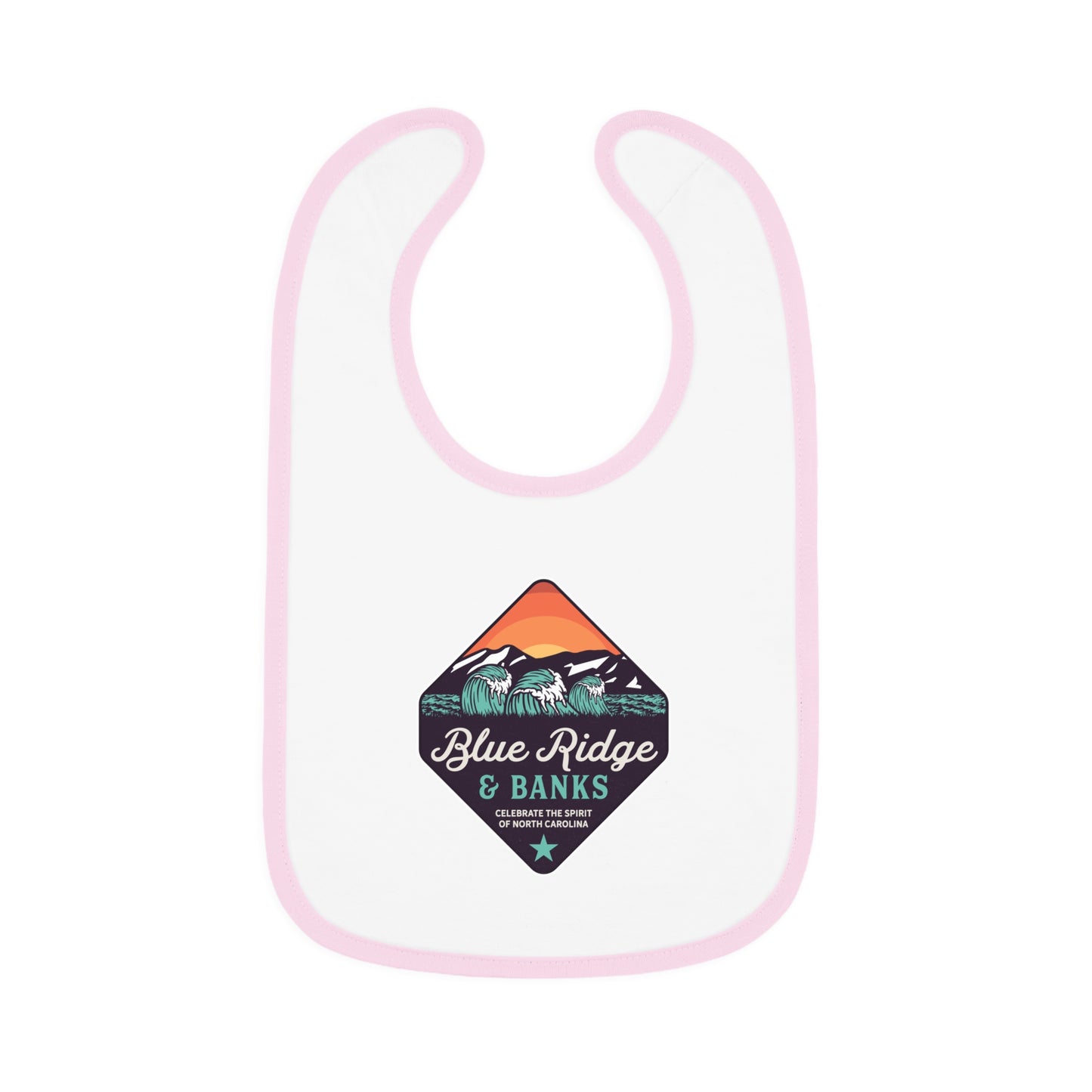 "Blue Ridge & Banks Logo Baby Bib Shirt in White/Light Blue - This charming baby bib shirt features the iconic Blue Ridge & Banks logo, set against a crisp white fabric with delicate light blue accents. Perfect for nature-loving families, the design subtly pays homage to the serene landscapes of North Carolina, capturing the essence of its rolling hills and lush greenery. Ideal for everyday wear, this bib shirt combines comfort with style, making it a must-have for little adventurers."