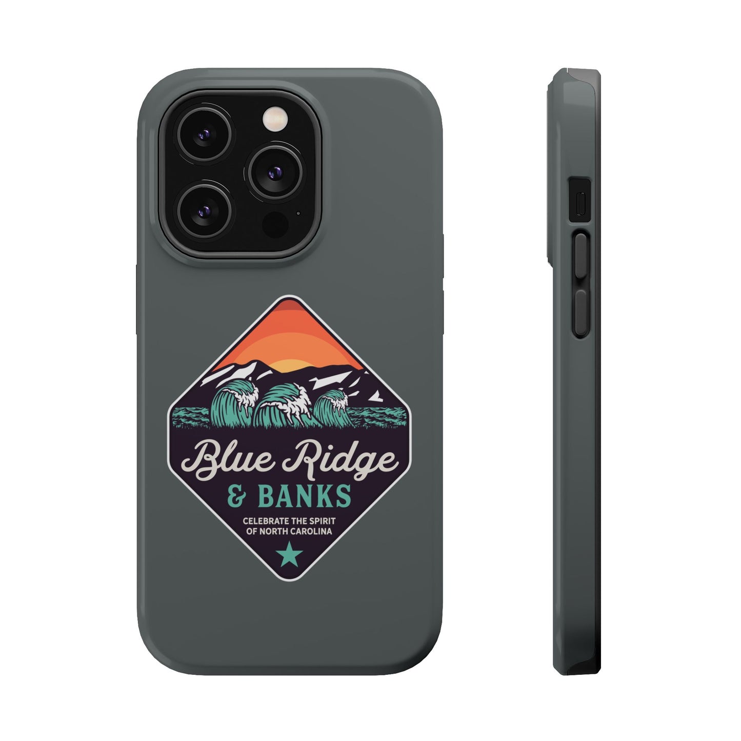 "Blue Ridge & Banks - Magnetic Tough Case for iPhone 16 features a North Carolina-inspired design with nature elements, showcasing the serene beauty of the Blue Ridge Mountains. This durable phone case combines protection with a stylish depiction of lush greenery and rolling hills, perfect for nature enthusiasts and adventurers. The case is designed to withstand everyday wear while adding a touch of elegance with its intricate landscape artwork."