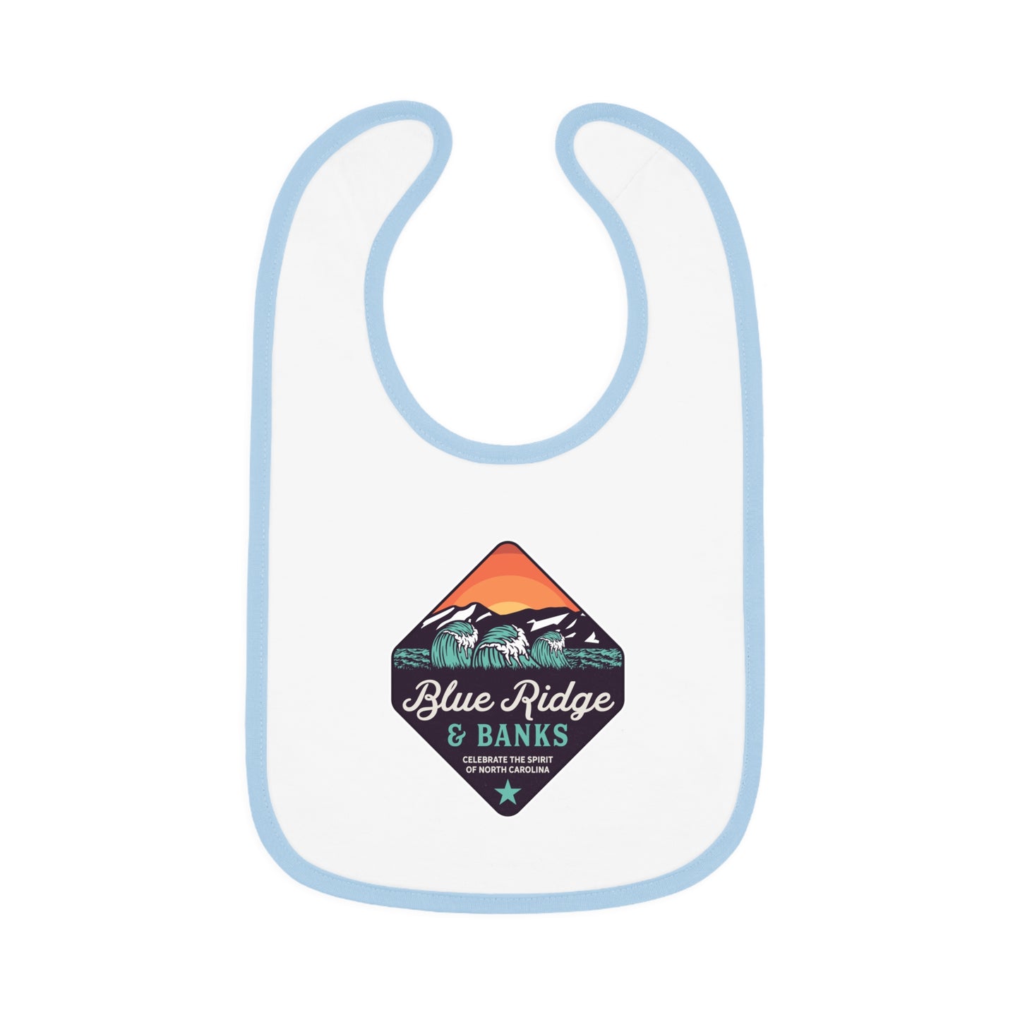 Alt text: "Blue Ridge & Banks Logo Baby Bib Shirt in White/Light Blue - Featuring a North Carolina-inspired design with subtle nature elements, this soft and stylish baby bib shirt showcases the iconic Blue Ridge & Banks logo. Perfect for little ones, this shirt combines comfort with a touch of outdoor charm, making it an ideal addition to your baby's wardrobe."