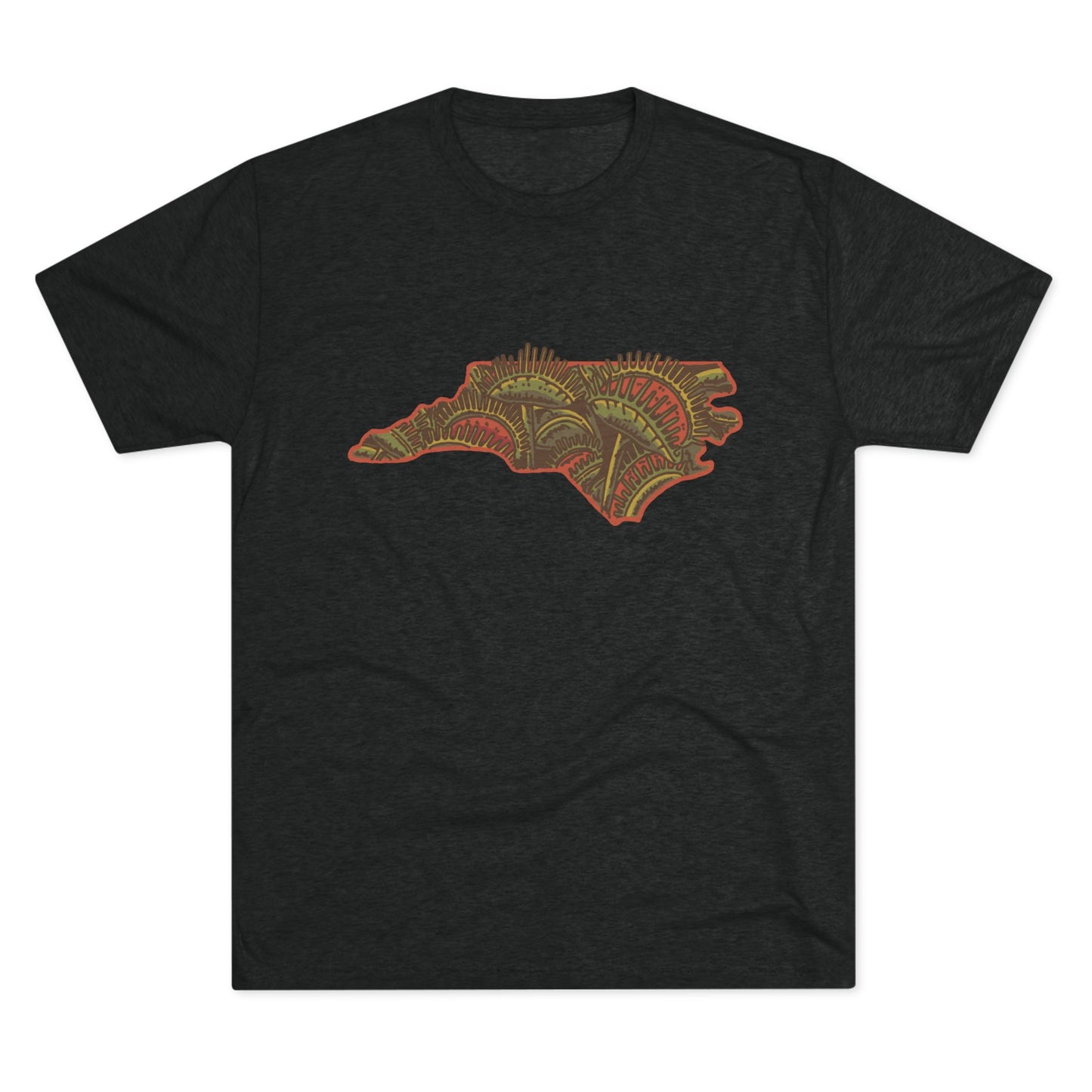 Black t-shirt featuring a vibrant graphic of North Carolina filled with Venus flytraps, printed on the front.