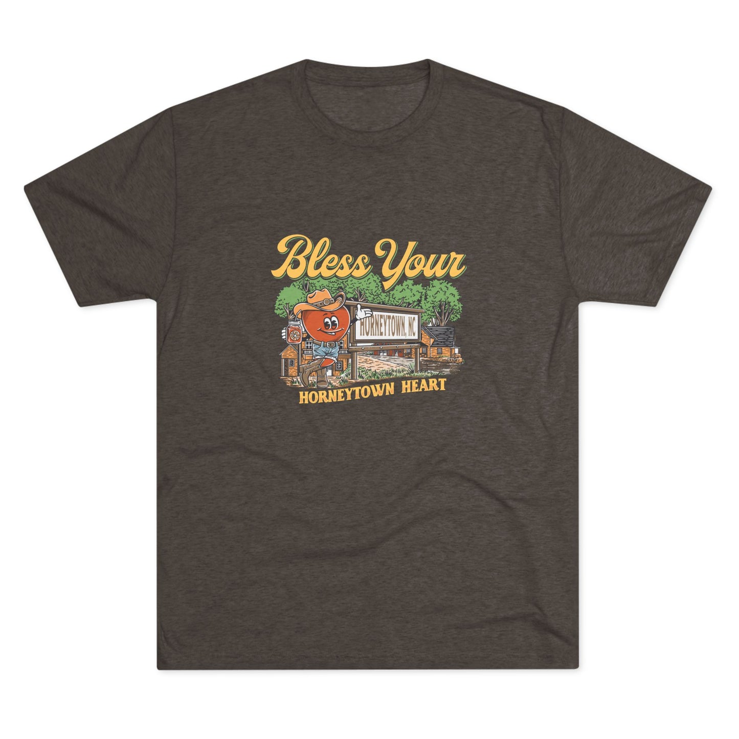 Macchiato brown t-shirt with “Bless Your Horneytown Heart” graphic featuring a NC sign, cartoon heart, and rustic background.