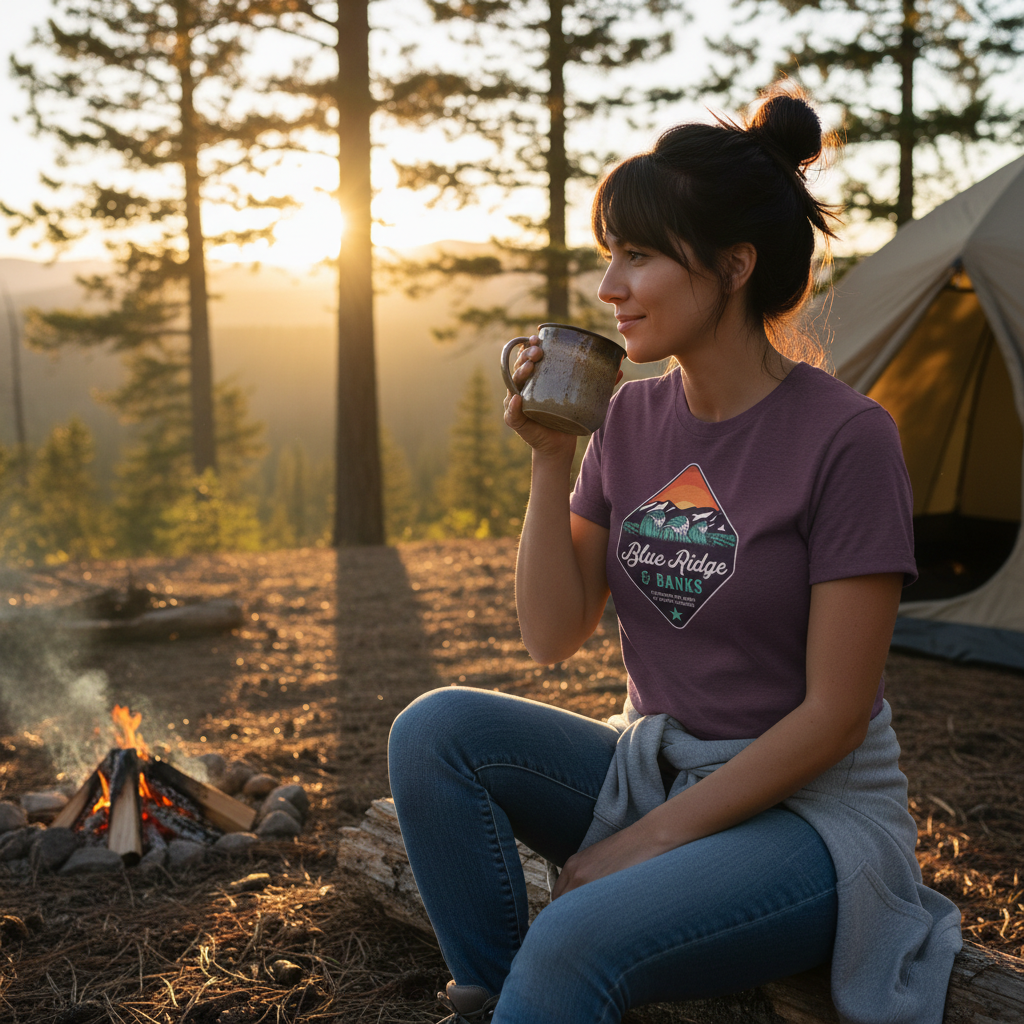 Woman wearing Blue Ridge & Banks t-shirt sitting by a campfire at sunrise with a coffee mug, surrounded by pine trees and a tent in the North Carolina mountains.