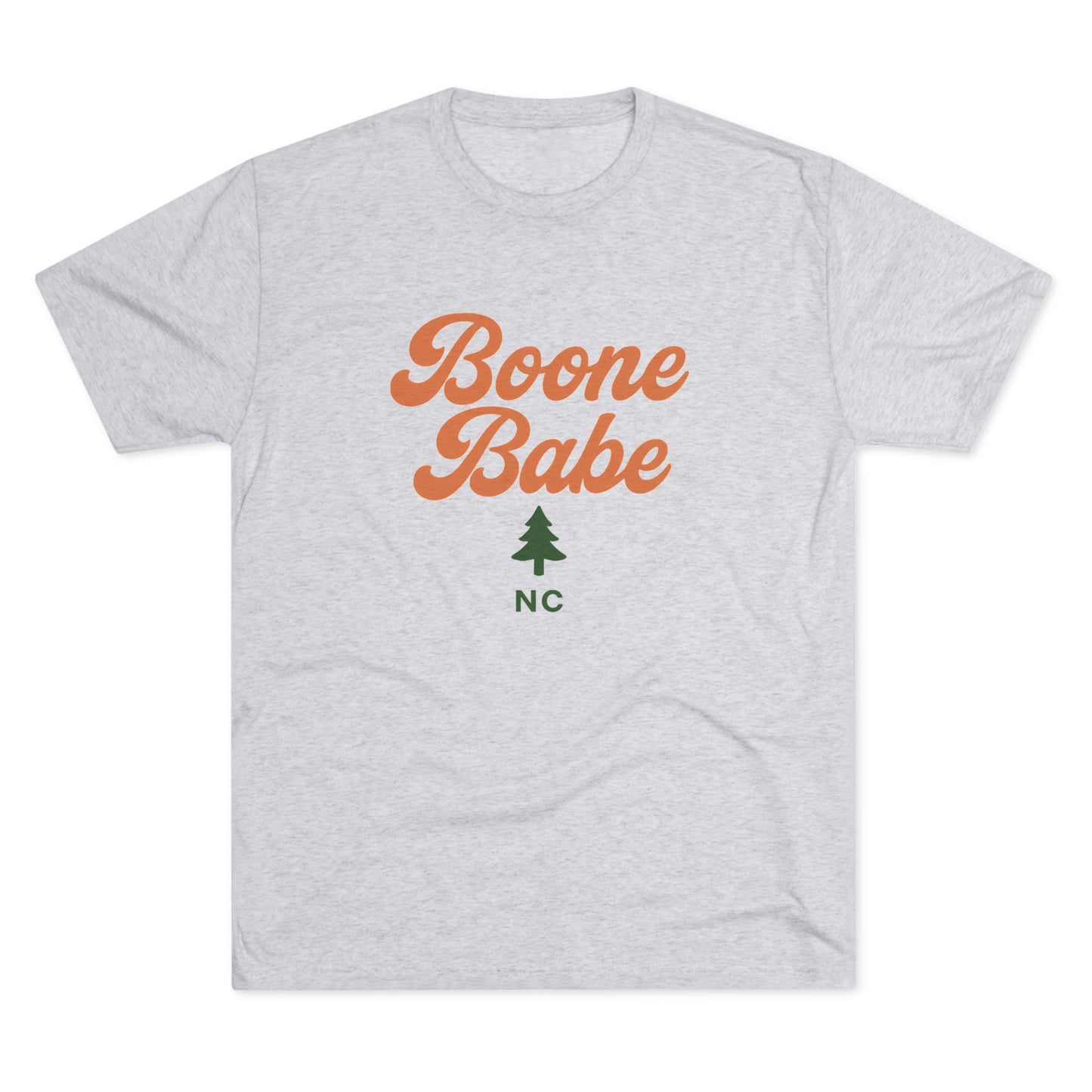 Boone Babe t-shirt in heather ash with orange text and green tree graphic
