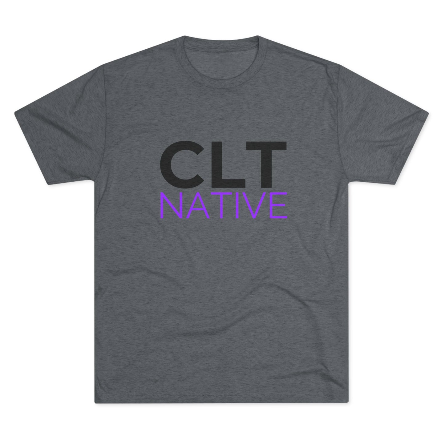 CLT Native t-shirt in dark heather gray with black and electric purple text