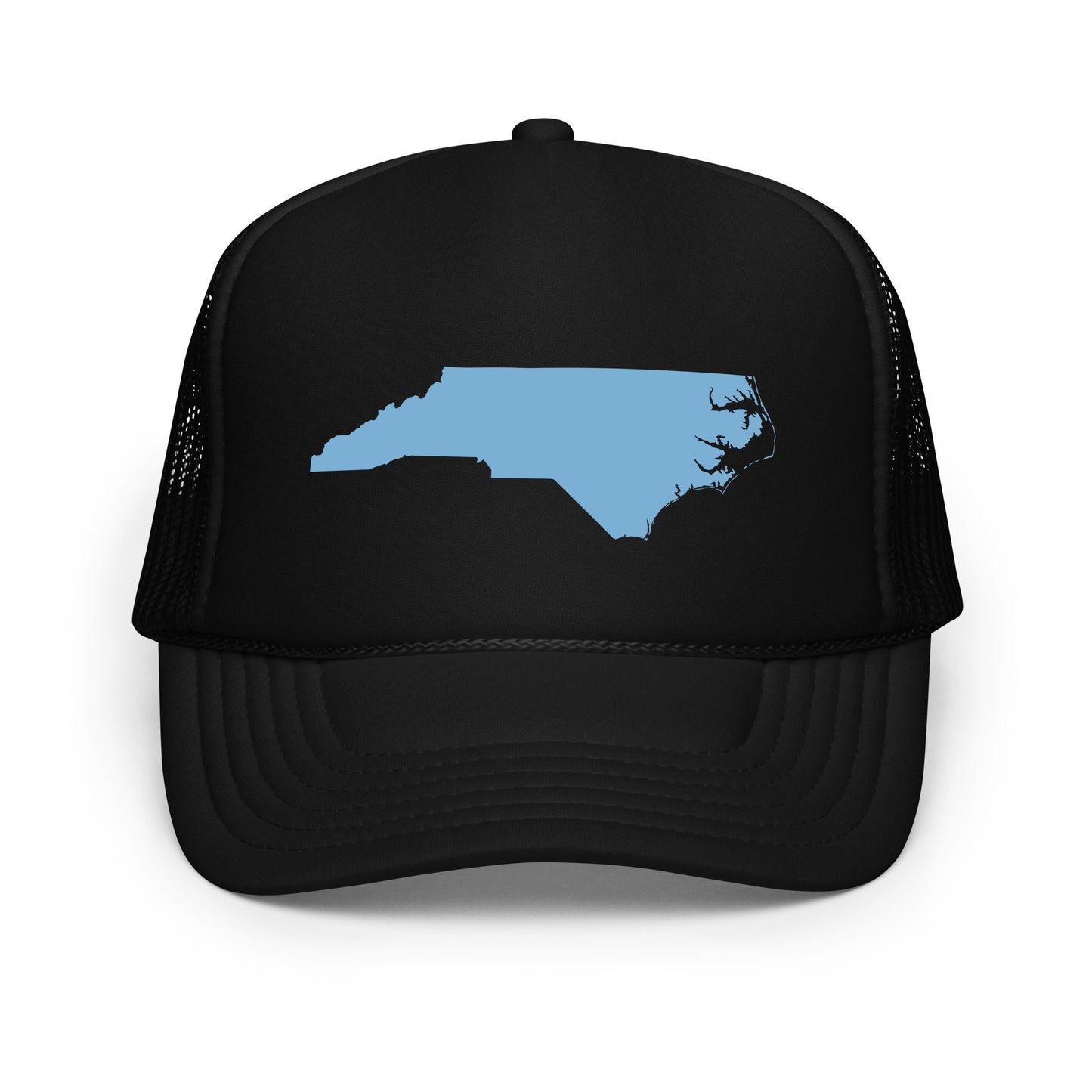 "Black Foam Trucker Hat featuring Baby Blue NC State Shape Design - This stylish trucker hat showcases a baby blue silhouette of North Carolina, set against a sleek black background. Perfect for nature lovers and state pride enthusiasts, the hat offers a modern twist with its breathable foam front and mesh back. Available in multiple colors, this hat is an ideal accessory for any outdoor adventure or casual outing."