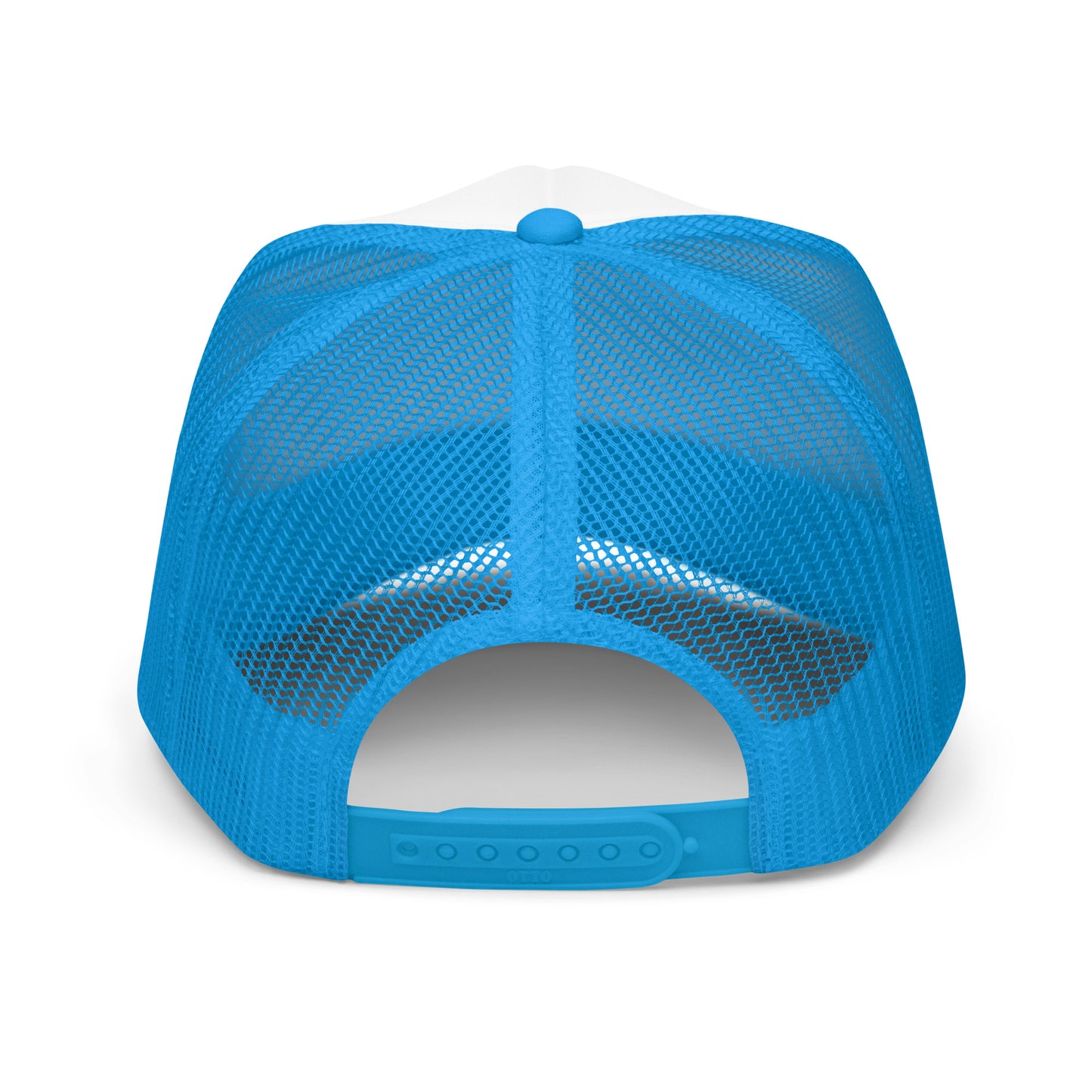 Alt text: "Black Foam Trucker Hat featuring a Baby Blue NC State Shape design – Perfect for nature lovers and North Carolina enthusiasts. The hat showcases a stylish, breathable mesh back and adjustable snap closure, ideal for outdoor adventures. Available in multiple colors to suit your style."