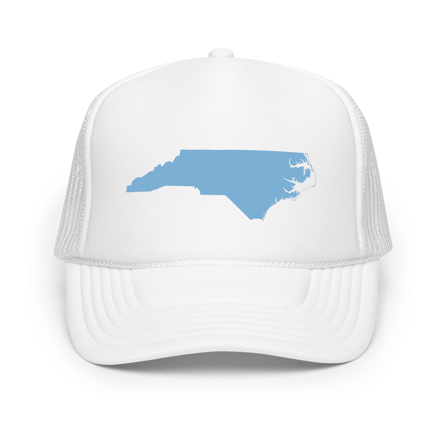 "Black Foam Trucker Hat Featuring Baby Blue NC State Shape - This stylish trucker hat showcases a prominent baby blue silhouette of North Carolina on the front panel, set against a sleek black backdrop. The hat's breathable mesh back enhances comfort, making it perfect for outdoor adventures. Ideal for showing off state pride with a touch of nature-inspired charm, this hat is available in multiple color options to suit your style."