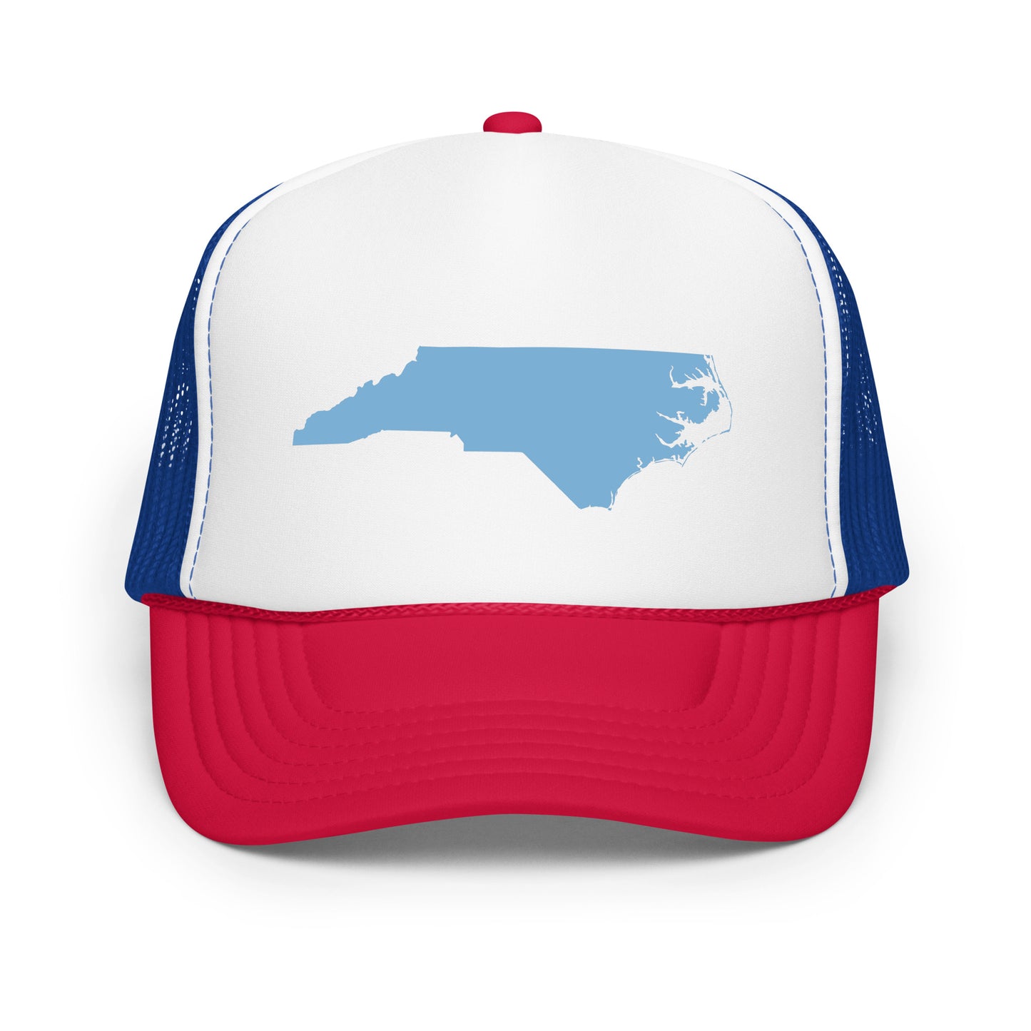 "Black Foam Trucker Hat featuring a Baby Blue North Carolina State Outline – Stylish and versatile, this hat showcases a nature-inspired design with the iconic shape of North Carolina. Perfect for outdoor enthusiasts and state pride supporters, it combines comfort and fashion with its breathable mesh back and adjustable snap closure. Available in multiple colors, this hat is an ideal accessory for any casual outing or adventure."
