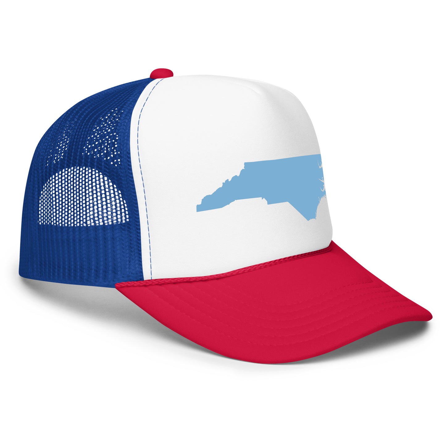 Black Foam Trucker Hat Featuring Baby Blue NC State Shape Design – This stylish hat showcases a prominent baby blue outline of North Carolina, set against a sleek black background. Perfect for outdoor adventures or casual wear, the hat combines comfort with a nod to state pride. The breathable mesh back and adjustable snap closure ensure a comfortable fit, while the nature-inspired design elements celebrate the beauty of North Carolina. Available in multiple colors to suit any style.
