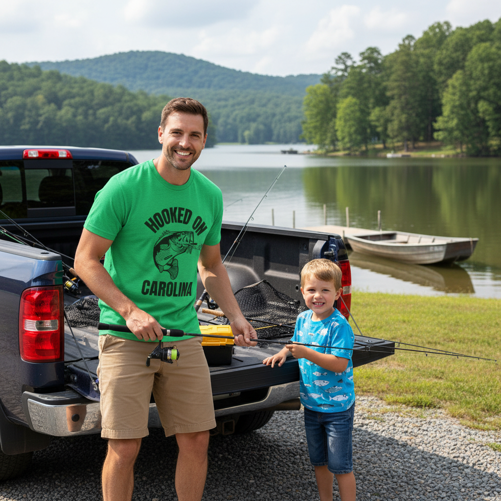 Smiling dad wearing Hooked on Carolina t-shirt at lakeside with his young son, fishing rods and gear in truck bed, boat and tree-covered hills in background.
