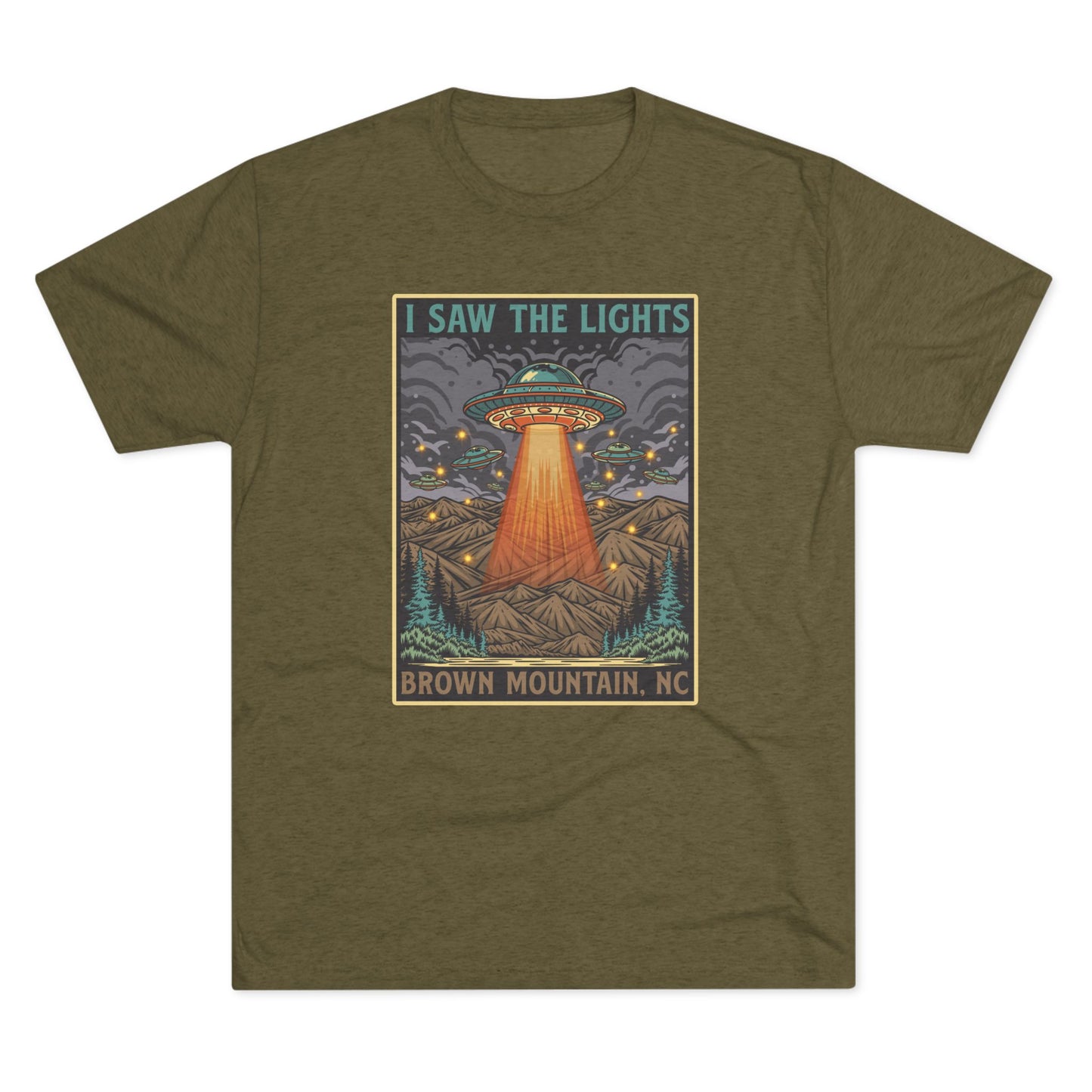 Military green t-shirt with UFO beaming light over Brown Mountain, NC.