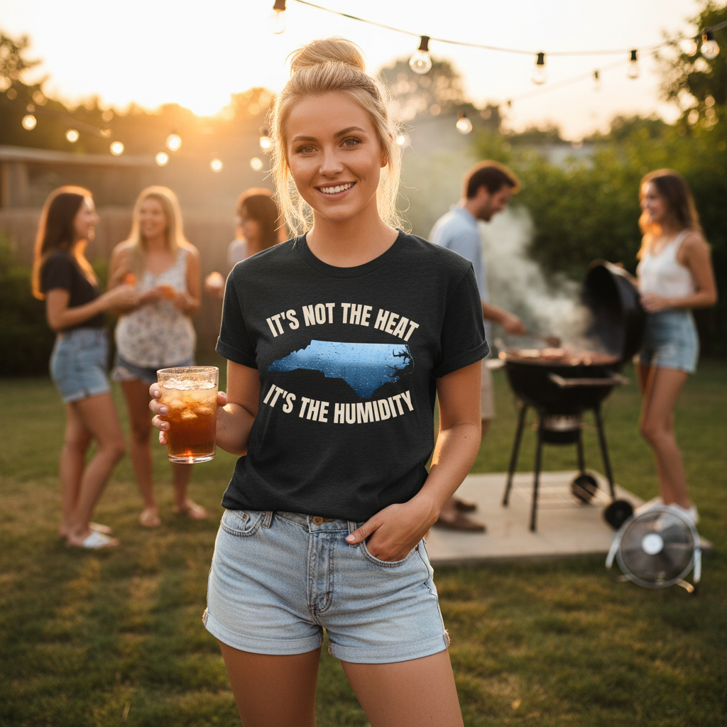 Woman wearing “It’s Not the Heat, It’s the Humidity” North Carolina t-shirt at a summer backyard gathering holding iced tea