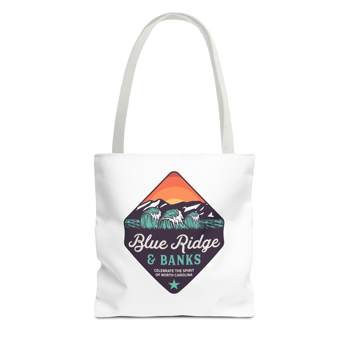 Front view of Blue Ridge & Banks tote bag with North Carolina mountain and coast logo