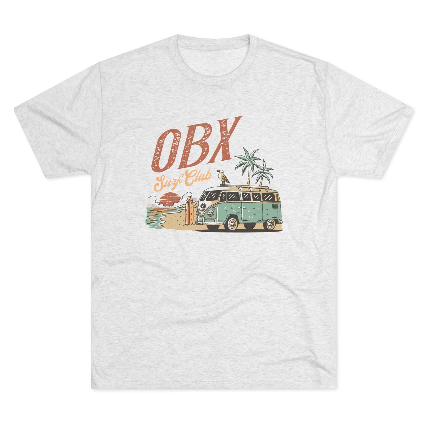 Gray t-shirt with a retro OBX Surf Club design featuring a green van, surfboards, and palm trees.