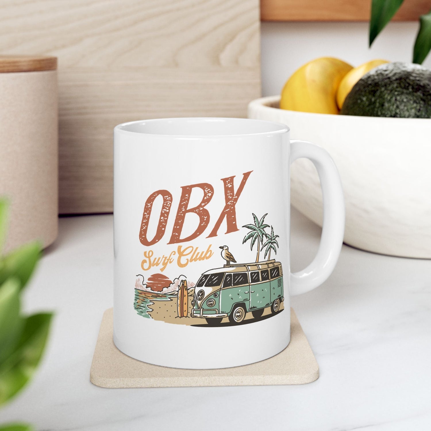 Blue Ridge & Banks OBX Surf Club coffee mug on a desk