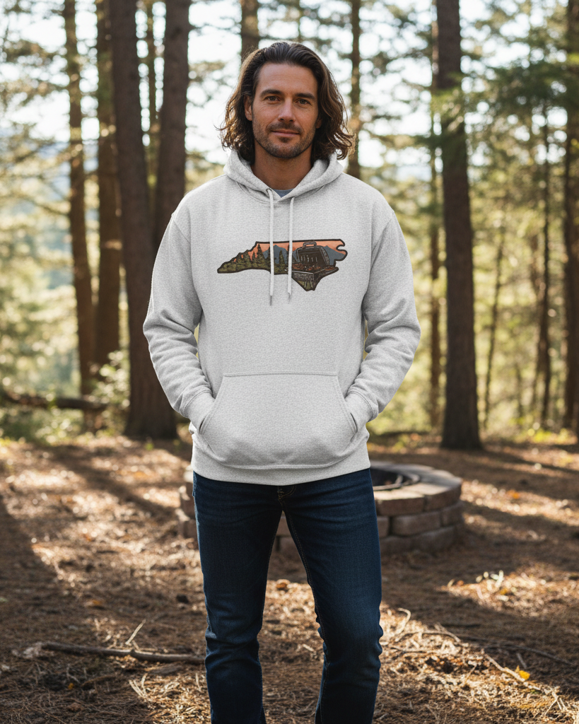 Model wearing ash gray NC BBQ Mountain Scene hoodie outdoors in a wooded setting