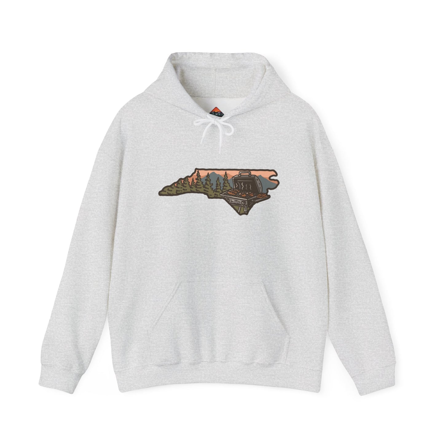 Front view of ash gray NC BBQ Mountain Scene hoodie