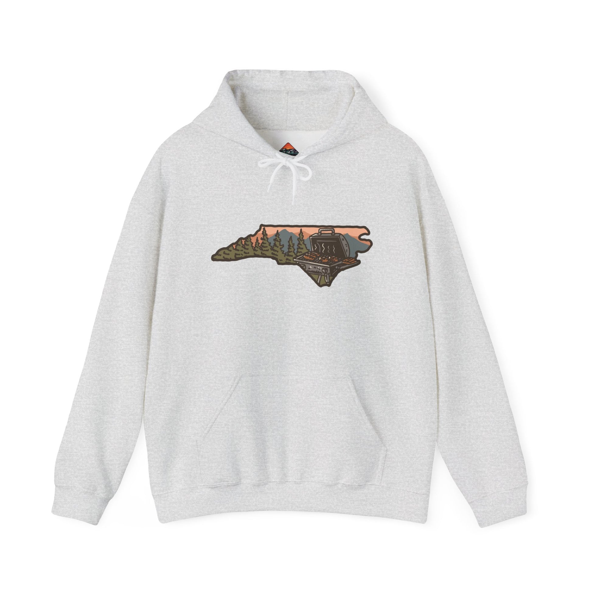 Front view of ash gray NC BBQ Mountain Scene hoodie