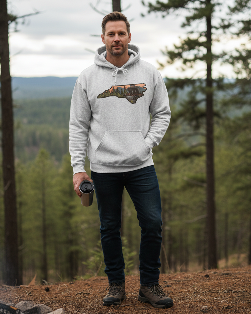 Model wearing ash gray NC BBQ Mountain Scene hoodie with mountain scenery in the background