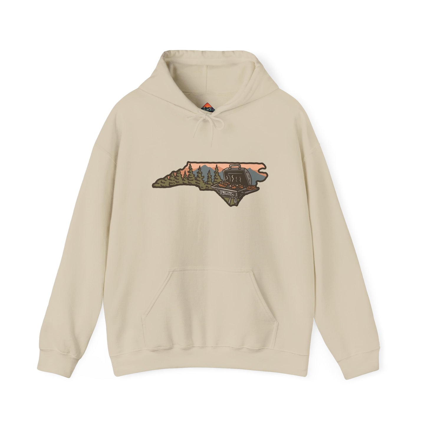 Front view of sand colored NC BBQ Mountain Scene hoodie