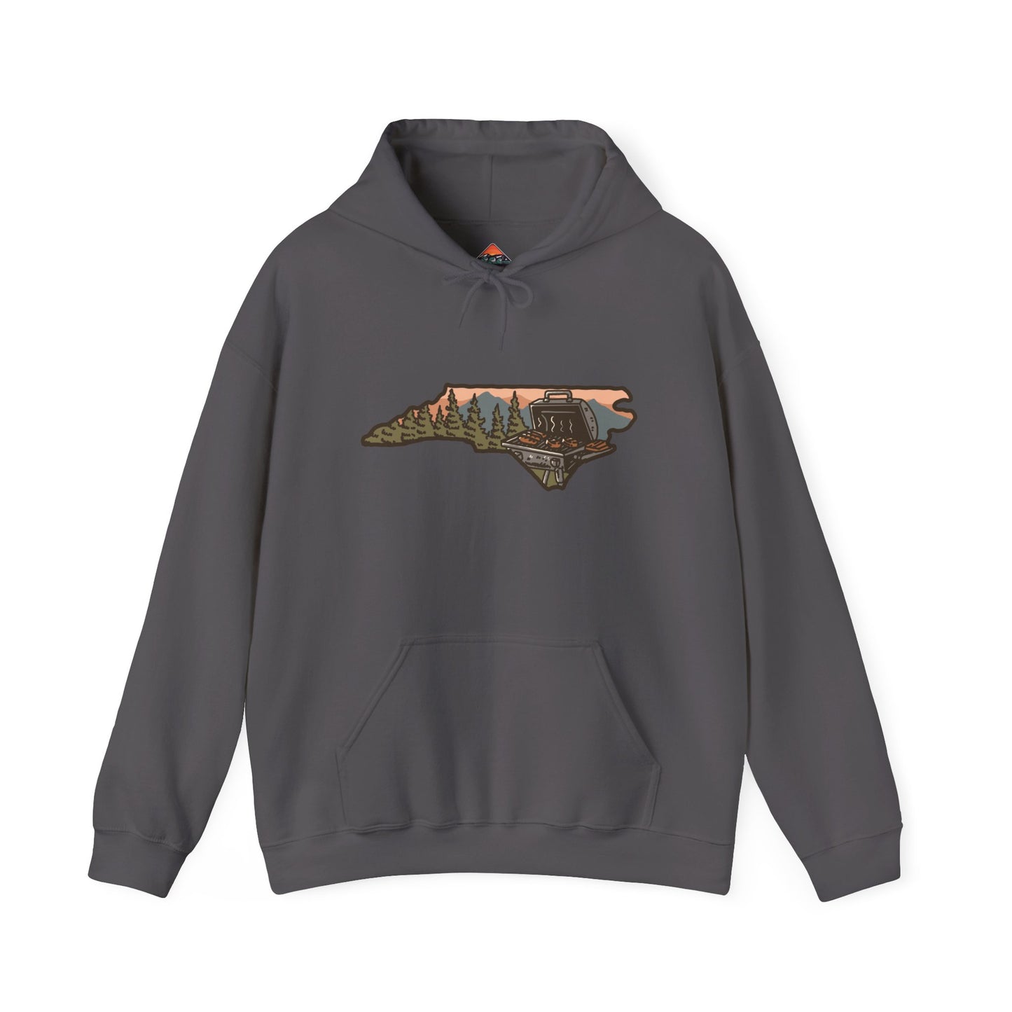 Front view of charcoal NC BBQ Mountain Scene hoodie