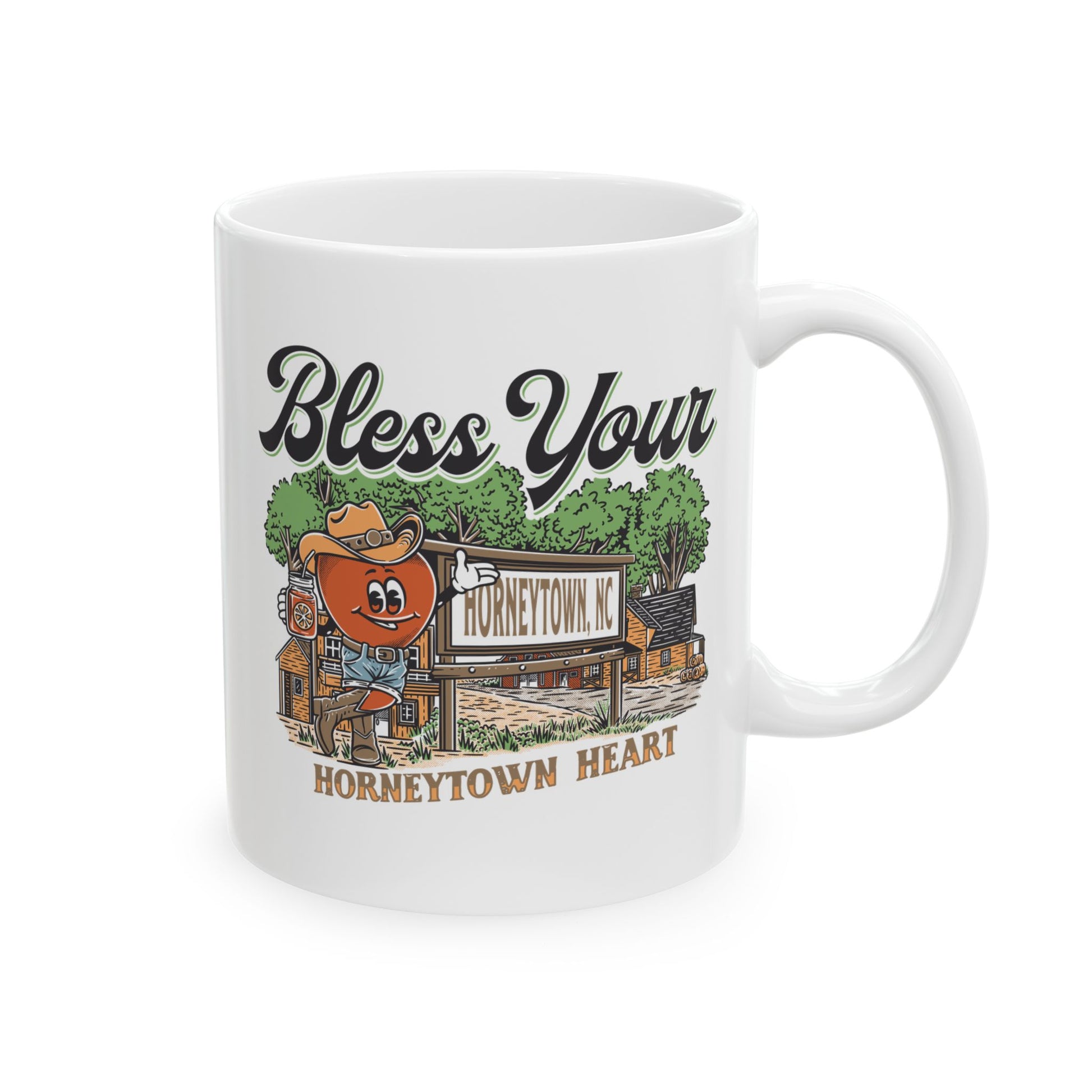 "11oz Ceramic Coffee Mug featuring the playful 'Bless Your Horneytown Heart' design, inspired by the charming town of Horneytown, North Carolina. This white ceramic mug showcases a whimsical, nature-inspired motif, perfect for coffee lovers who appreciate Southern charm and humor. Ideal for adding a touch of personality to your morning routine or as a gift for those who adore North Carolina's unique character."