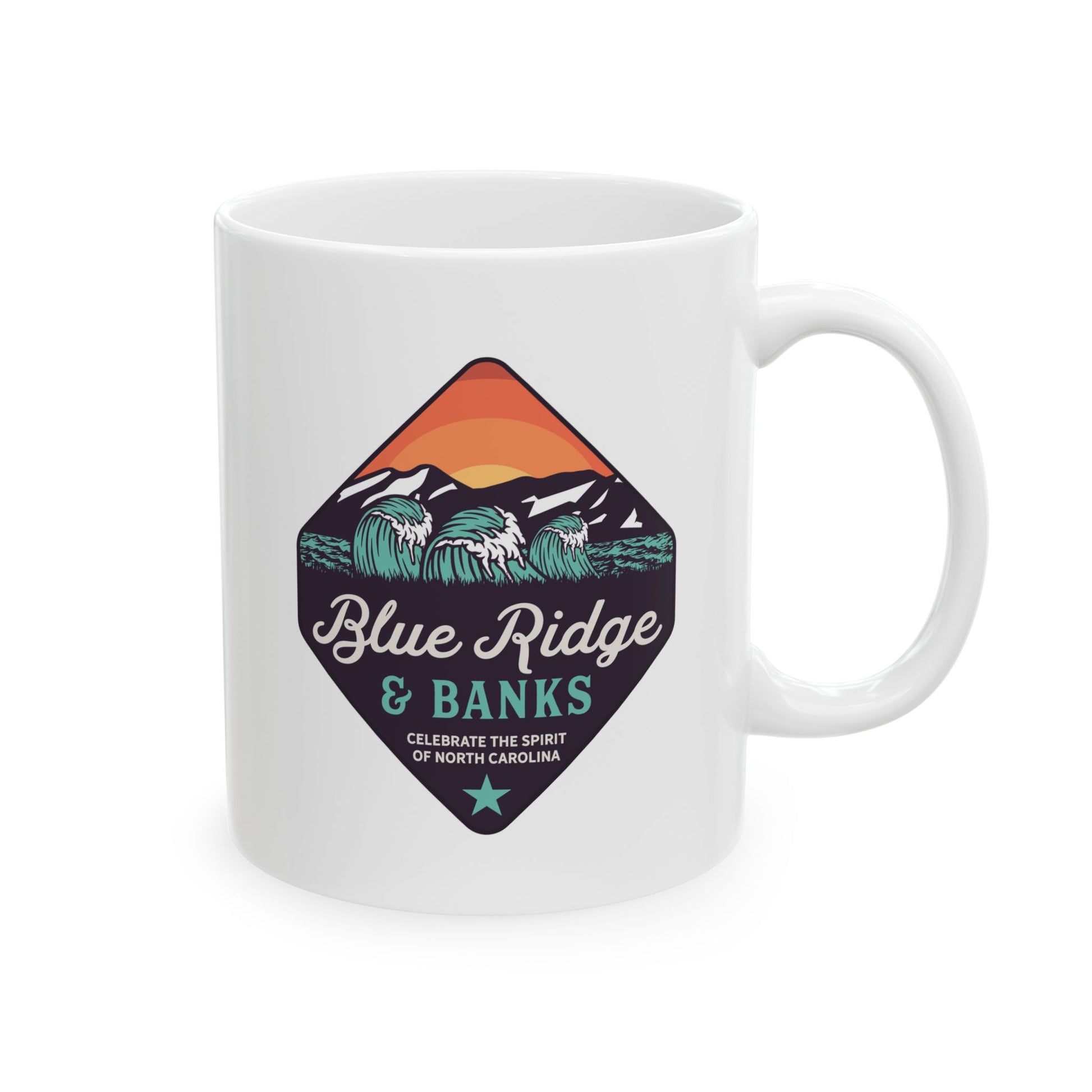Alt text: "Blue Ridge & Banks Logo – 11oz Ceramic Mug featuring a nature-inspired design with North Carolina elements. The mug showcases a scenic blend of mountains and rivers, capturing the essence of the Blue Ridge region. Perfect for coffee lovers and nature enthusiasts, this durable ceramic mug combines functionality with a love for the outdoors."