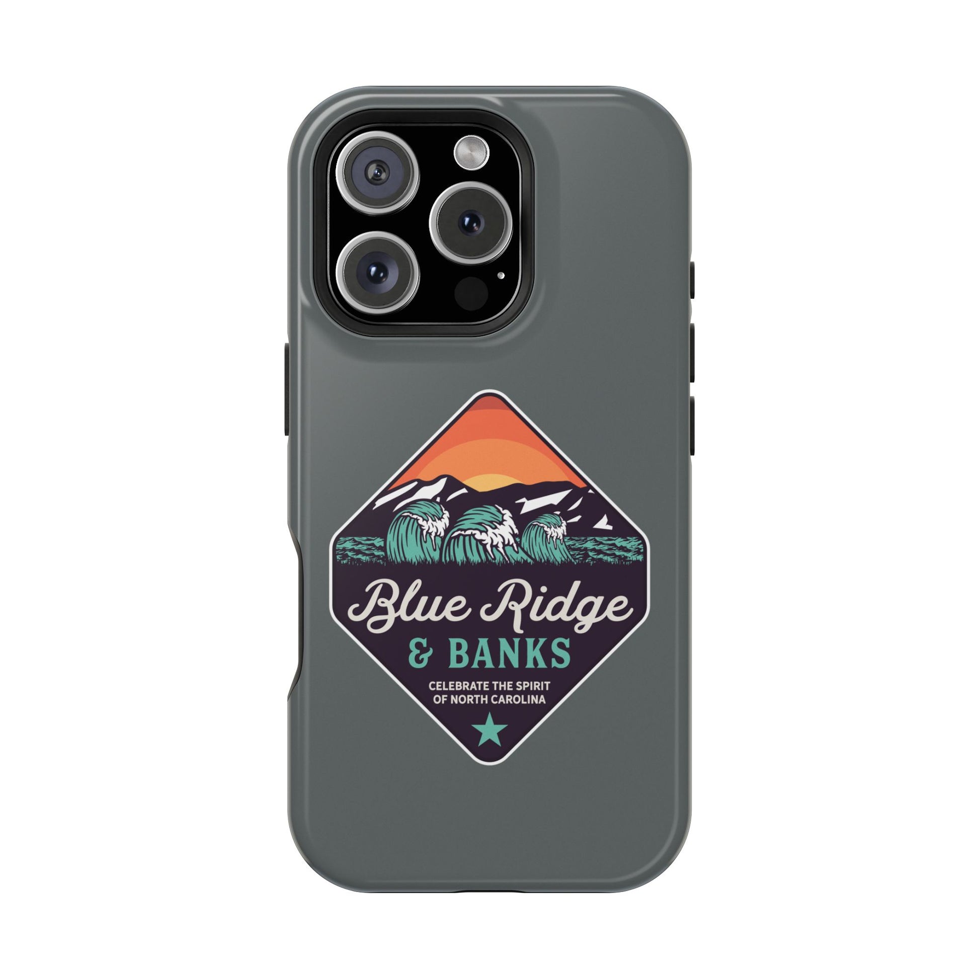 "Blue Ridge & Banks Magnetic Tough Case for iPhone 16 - Showcasing a nature-inspired design, this rugged yet stylish phone case features elements reminiscent of the serene Blue Ridge Mountains in North Carolina. The durable magnetic construction provides superior protection, while the intricate design captures the essence of North Carolina's breathtaking landscapes, making it perfect for nature enthusiasts and adventure seekers alike."