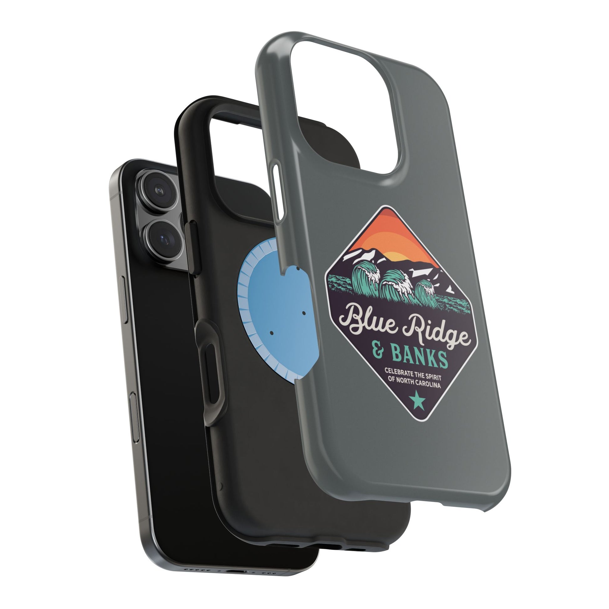 "Blue Ridge & Banks - Magnetic Tough Case for iPhone 16 featuring a nature-inspired design with elements reminiscent of North Carolina's scenic Blue Ridge Mountains. This durable case showcases a blend of rugged protection and stylish aesthetics, perfect for outdoor enthusiasts and nature lovers. The intricate design captures the essence of the region's natural beauty, making it a must-have accessory for your iPhone 16."
