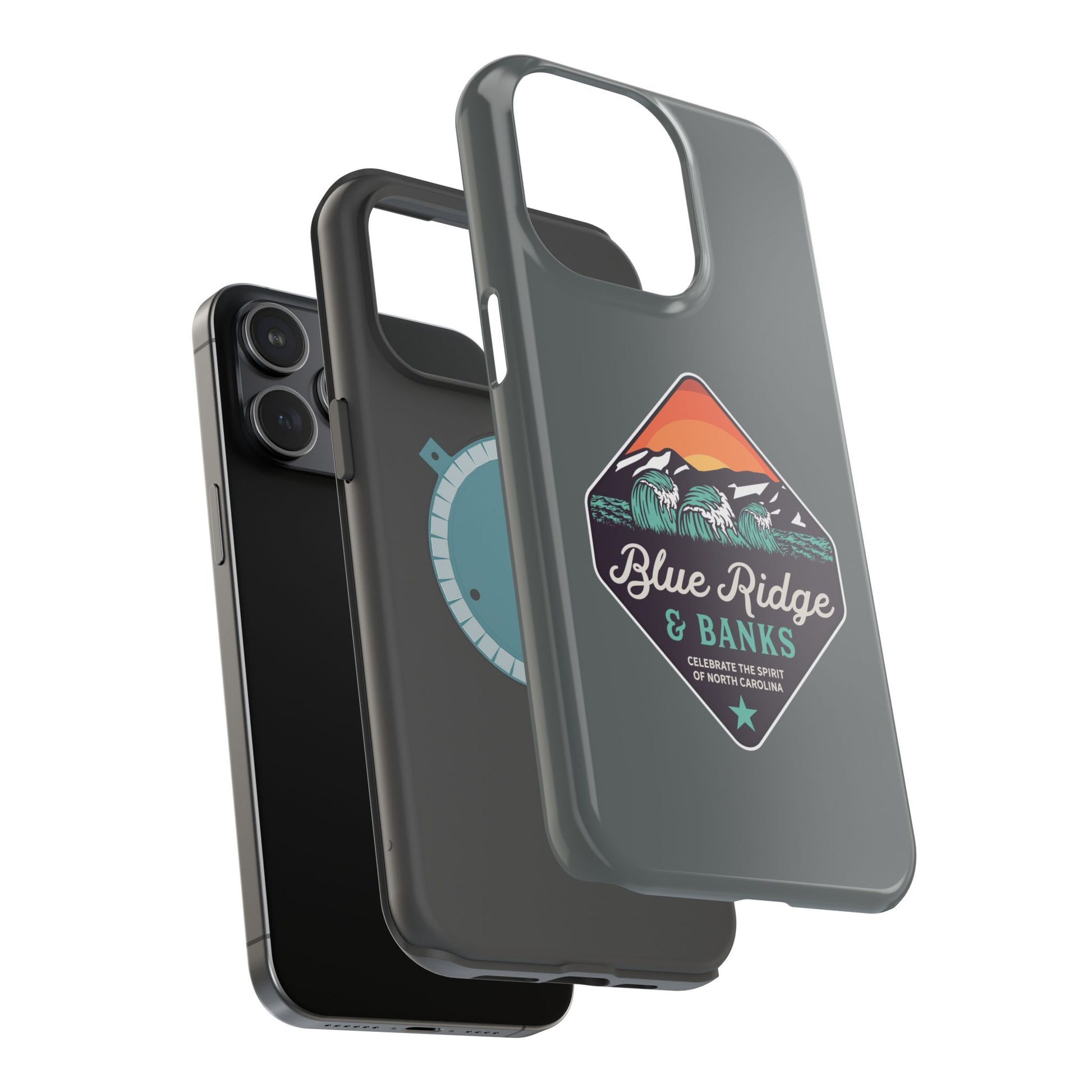 "Blue Ridge & Banks Magnetic Tough Case for iPhone 16 featuring a North Carolina-inspired design with nature elements, showcasing a durable and stylish protective cover. Perfect for outdoor enthusiasts, this case combines functionality with a scenic aesthetic, highlighting the beauty of the Blue Ridge Mountains."
