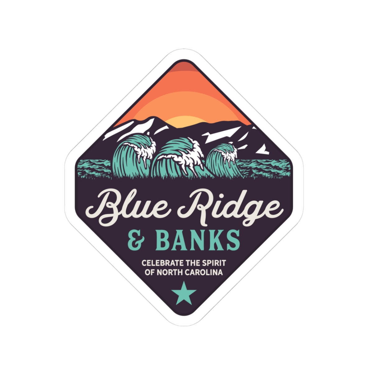 Alt text: "Blue Ridge & Banks Logo Sticker – Kiss-Cut NC Brand Vinyl, 2" × 2" - A vibrant sticker featuring the iconic Blue Ridge & Banks logo, beautifully capturing the essence of North Carolina's natural beauty. The design showcases elements inspired by the serene landscapes and lush greenery of the Blue Ridge Mountains, making it a perfect emblem for nature enthusiasts and NC brand lovers alike."