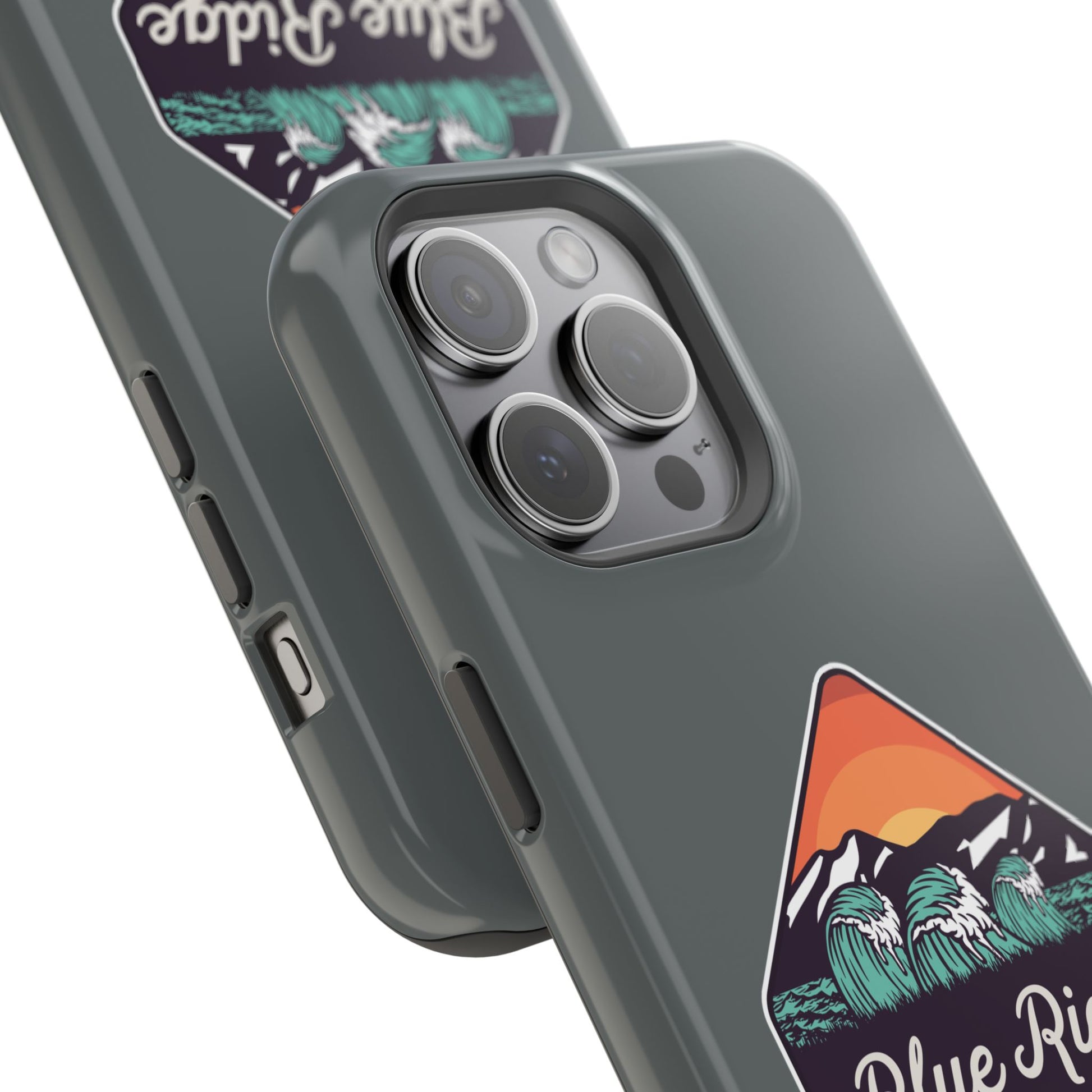 "Blue Ridge & Banks Magnetic Tough Case for iPhone 16 - Featuring a nature-inspired design with elements reminiscent of the serene landscapes of North Carolina's Blue Ridge Mountains. This durable phone case showcases a blend of rugged protection and aesthetic appeal, perfect for outdoor enthusiasts and nature lovers. The intricate design highlights lush forests and rolling hills, embodying the natural beauty of North Carolina."