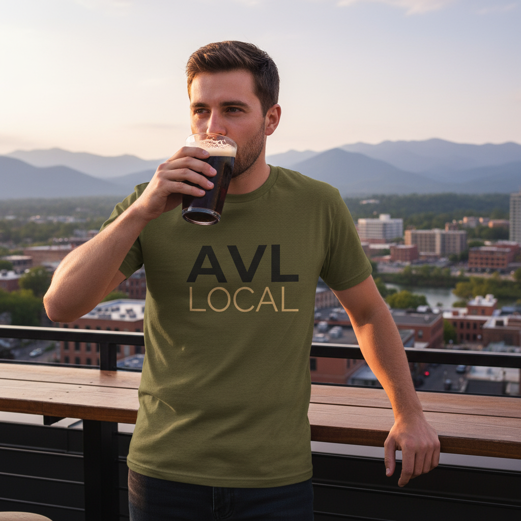 Man wearing AVL Local t-shirt overlooking Asheville skyline, lifestyle mockup