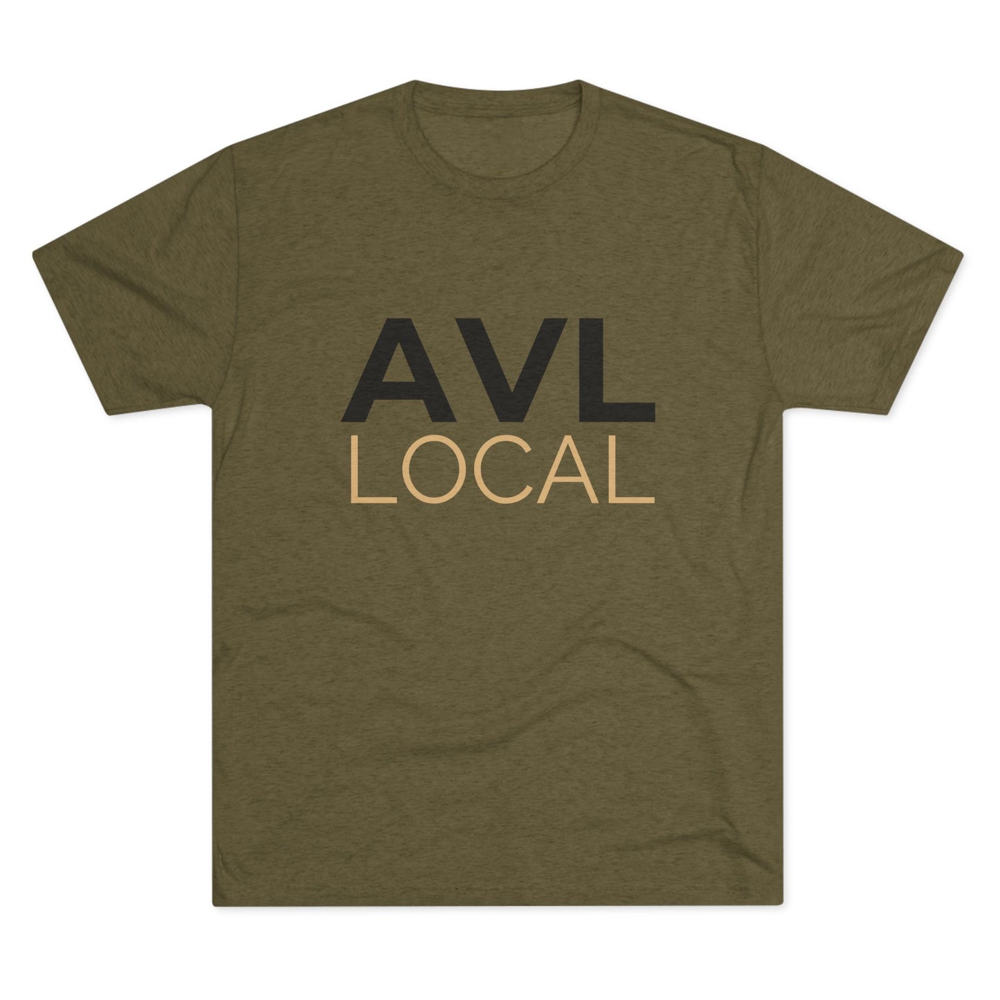 AVL Local t-shirt in olive green with minimalist text design, flat front view
