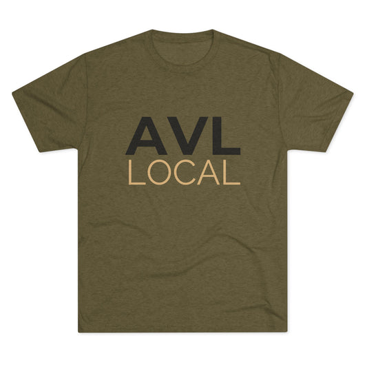 AVL Local t-shirt in olive green with minimalist text design, flat front view