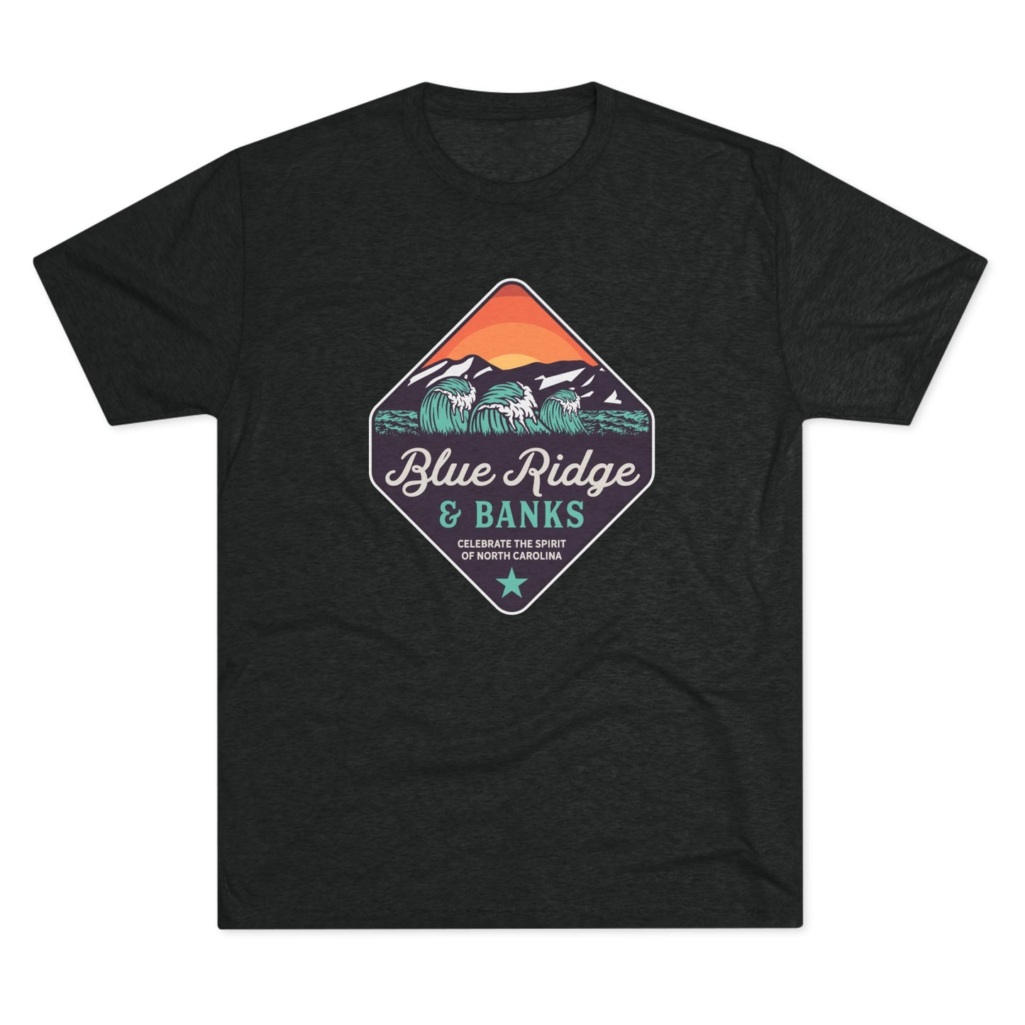 Front of black T-shirt with a colorful diamond-shaped Blue Ridge & Banks graphic featuring ocean waves, mountains, and sunset.