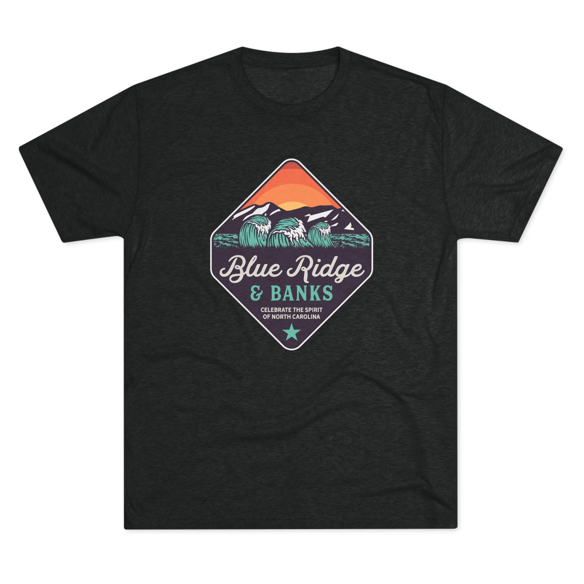 Front of black T-shirt with a colorful diamond-shaped Blue Ridge & Banks graphic featuring ocean waves, mountains, and sunset.