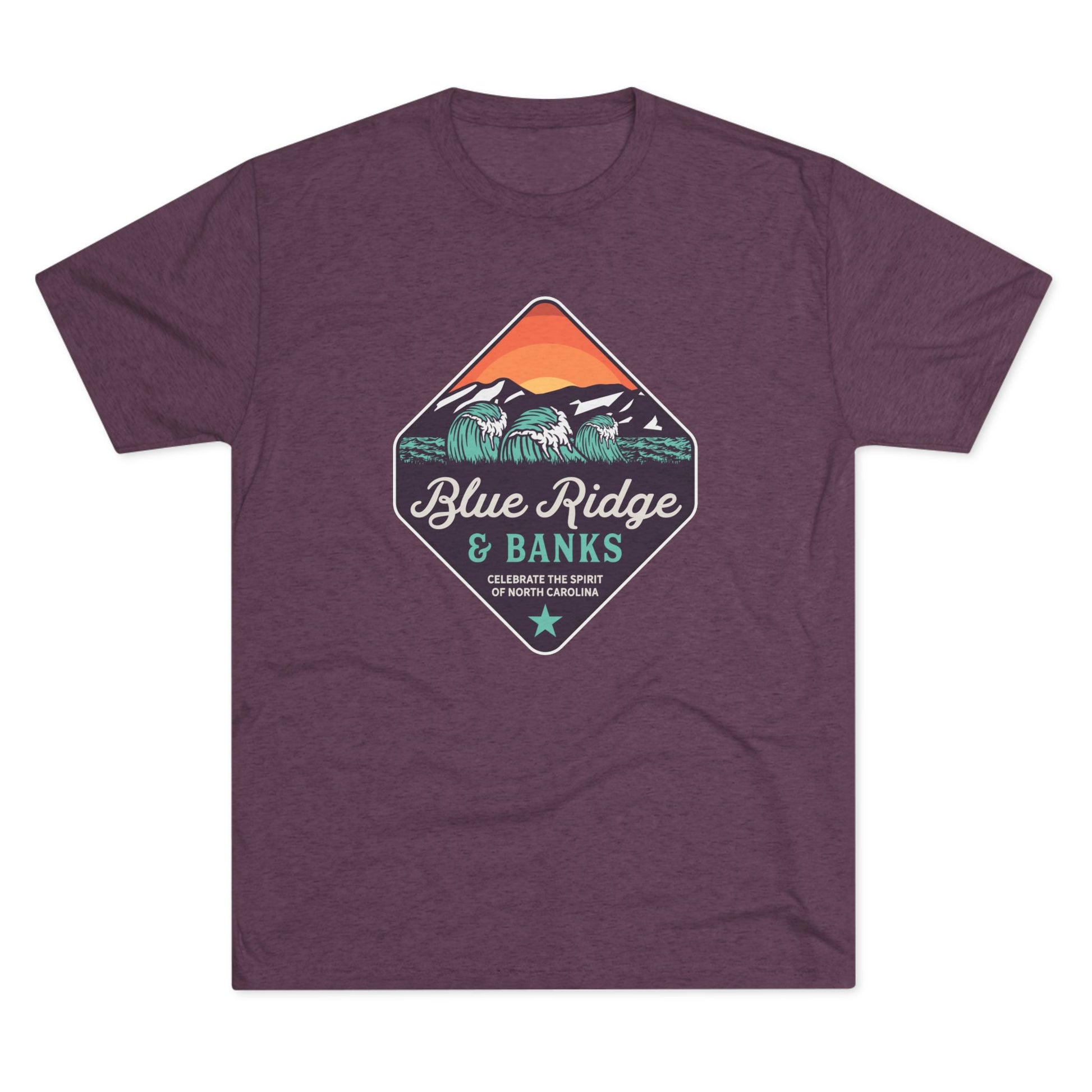Front of purple T-shirt with a colorful diamond-shaped Blue Ridge & Banks graphic featuring ocean waves, mountains, and sunset.