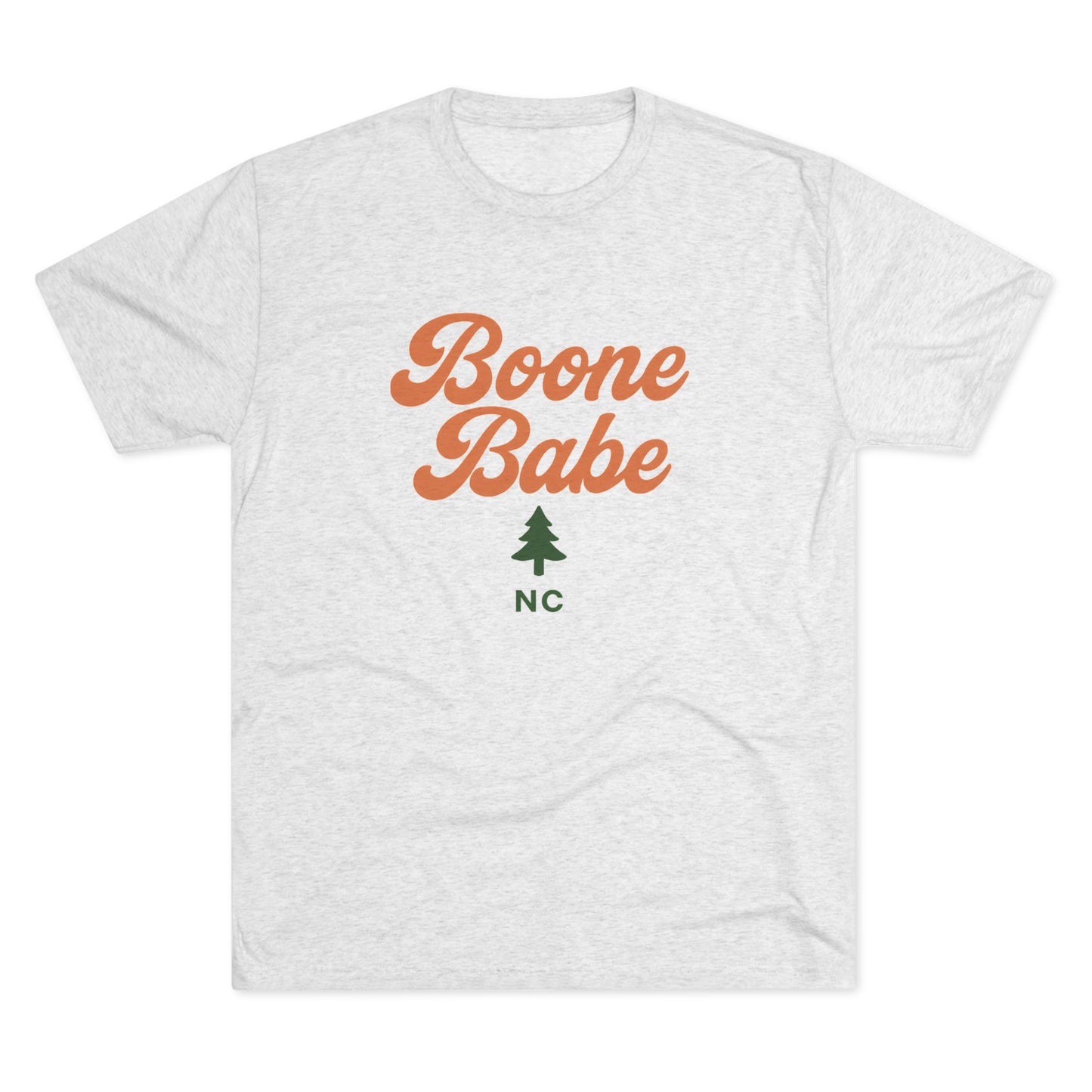 Boone Babe t-shirt in heather ash with script font and pine tree graphic, flat front view