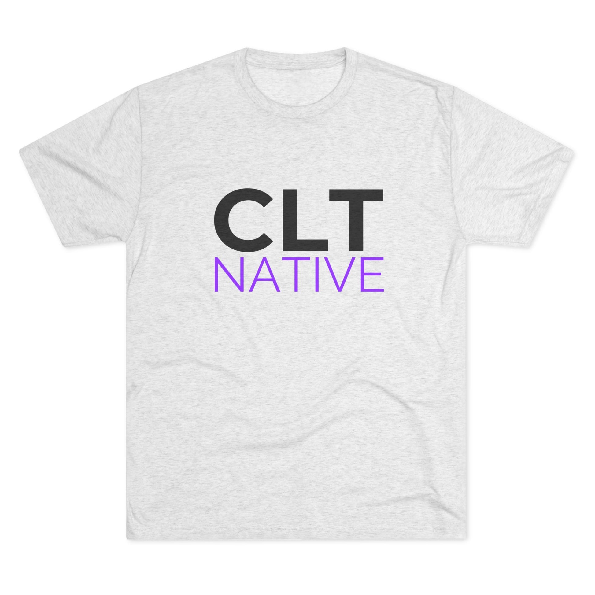 CLT Native minimalist t-shirt in heather white with bold black and purple text