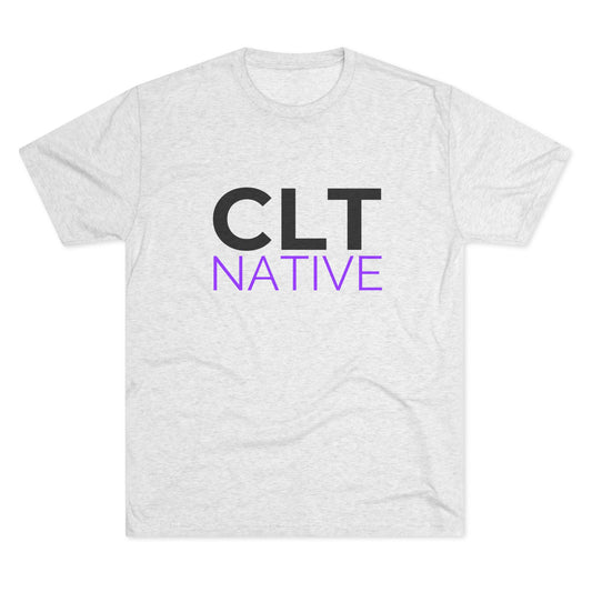 CLT Native minimalist t-shirt in heather white with bold black and purple text