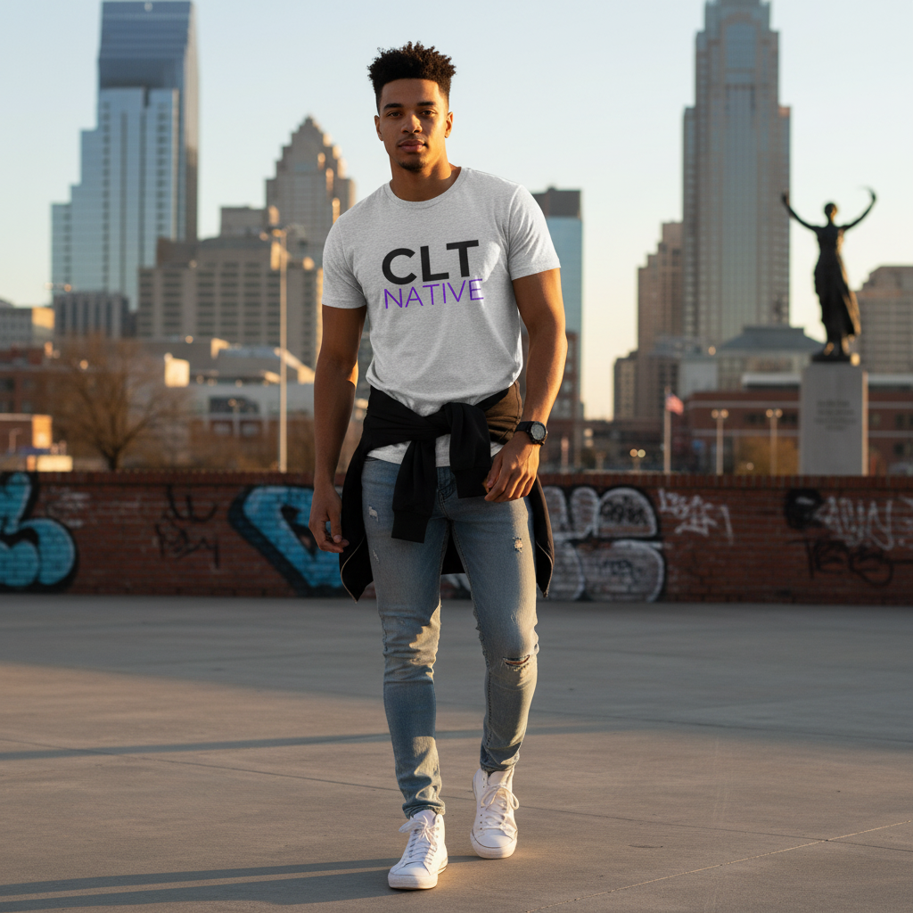 Young man wearing CLT Native shirt walking in Charlotte with city skyline and graffiti in background